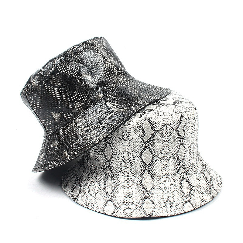PU Snake Print Bucket Hat - Unisex Reversible Fashion Hat for Outdoor Sun Protection, Trendy Dual-Sided Design