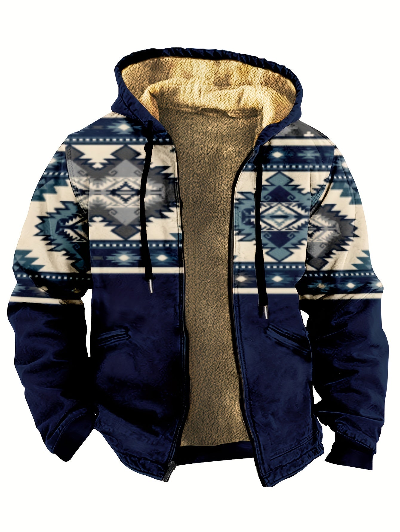 Ethnic Style Warm Fleece Hooded Jacket, Men's Casual Warm Thick Zip Up Hoodie For Fall Winter