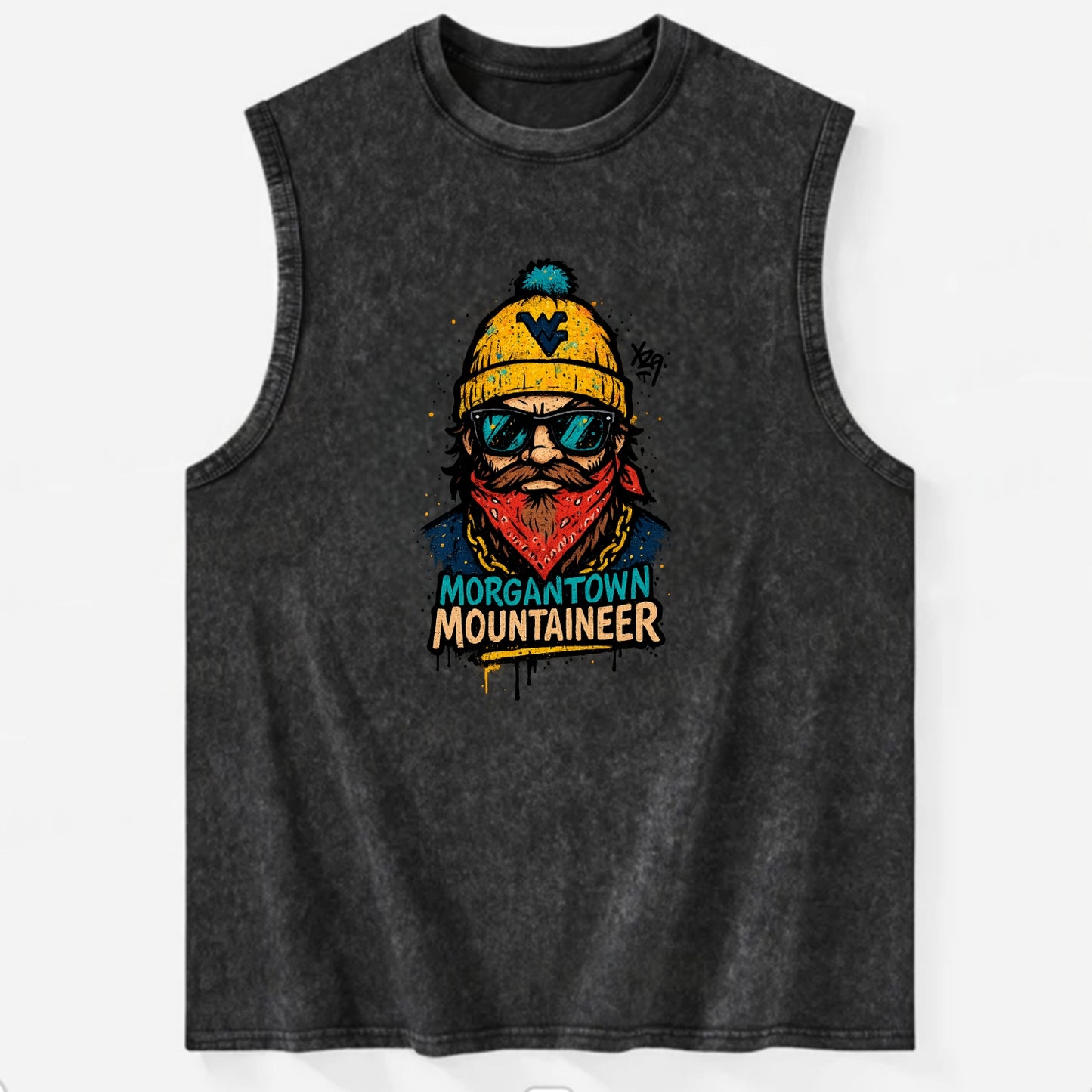 Morgantown Mountaineer wearing West Virginia beanie with WV patch - Vintage Washed Tank - Black
