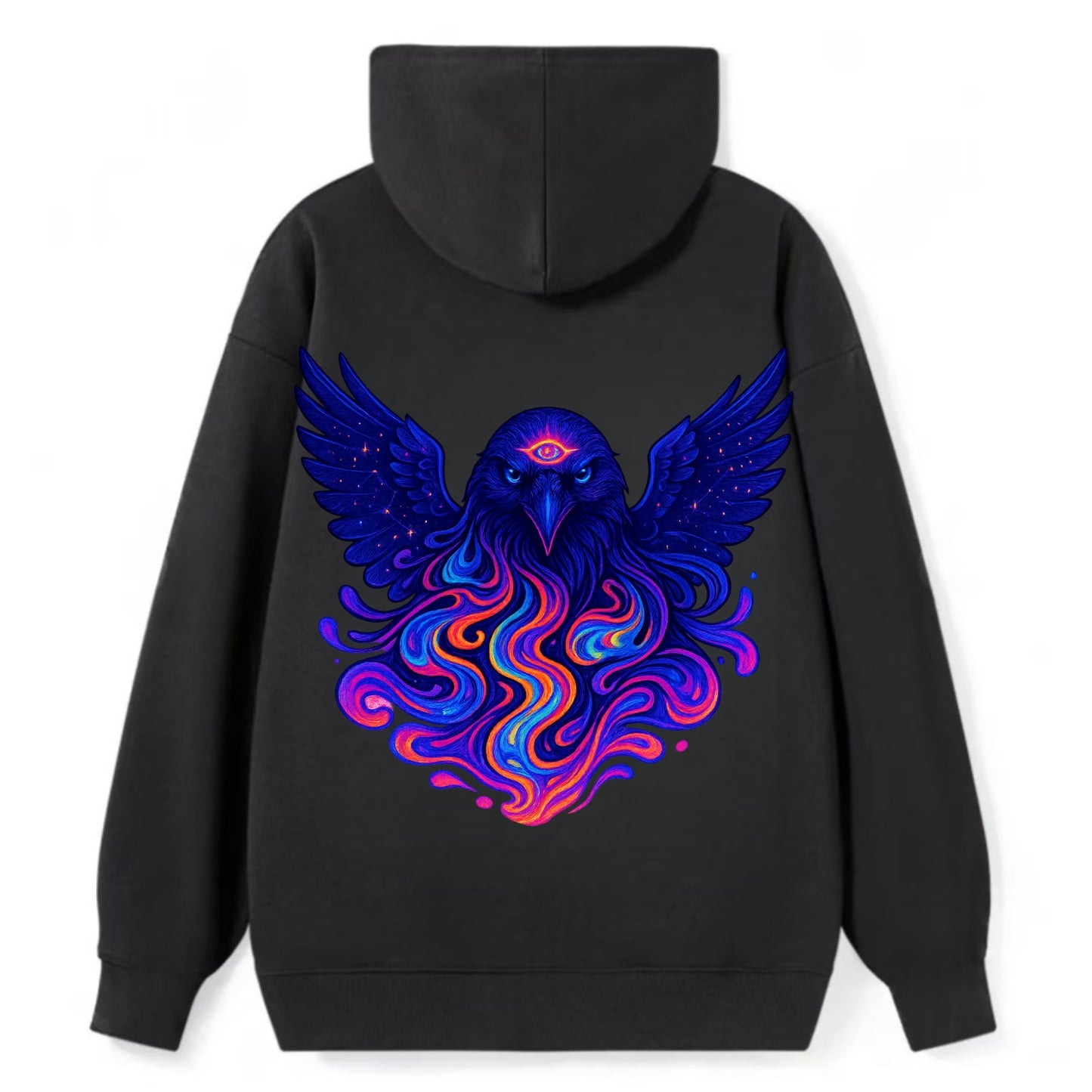 Mysterious raven with feathers showing future visions in neon colors, - Classic Pullover Hoodie - Black