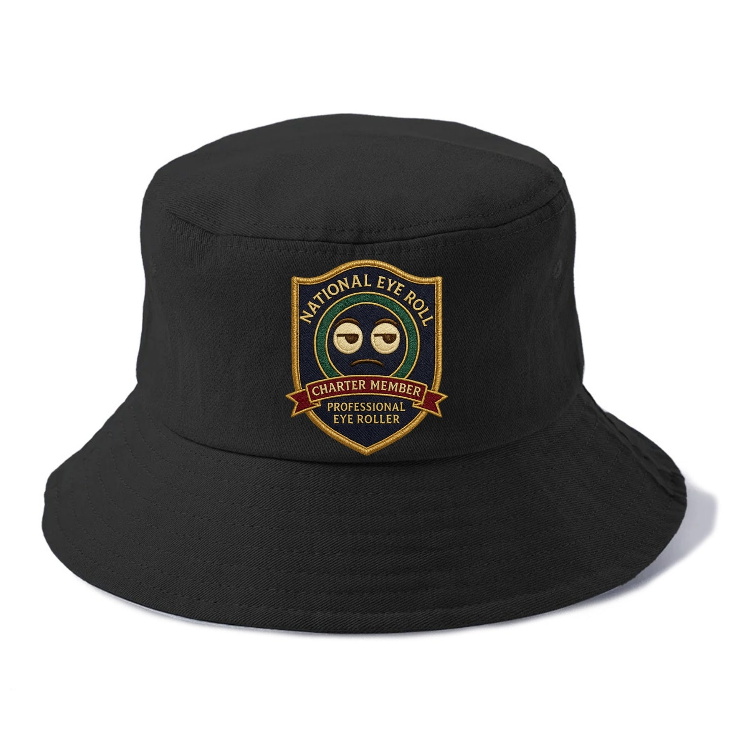 Crest with eye roll icon - "National Eye Roll Association - Charter Member" - - Bucket Hat - Black