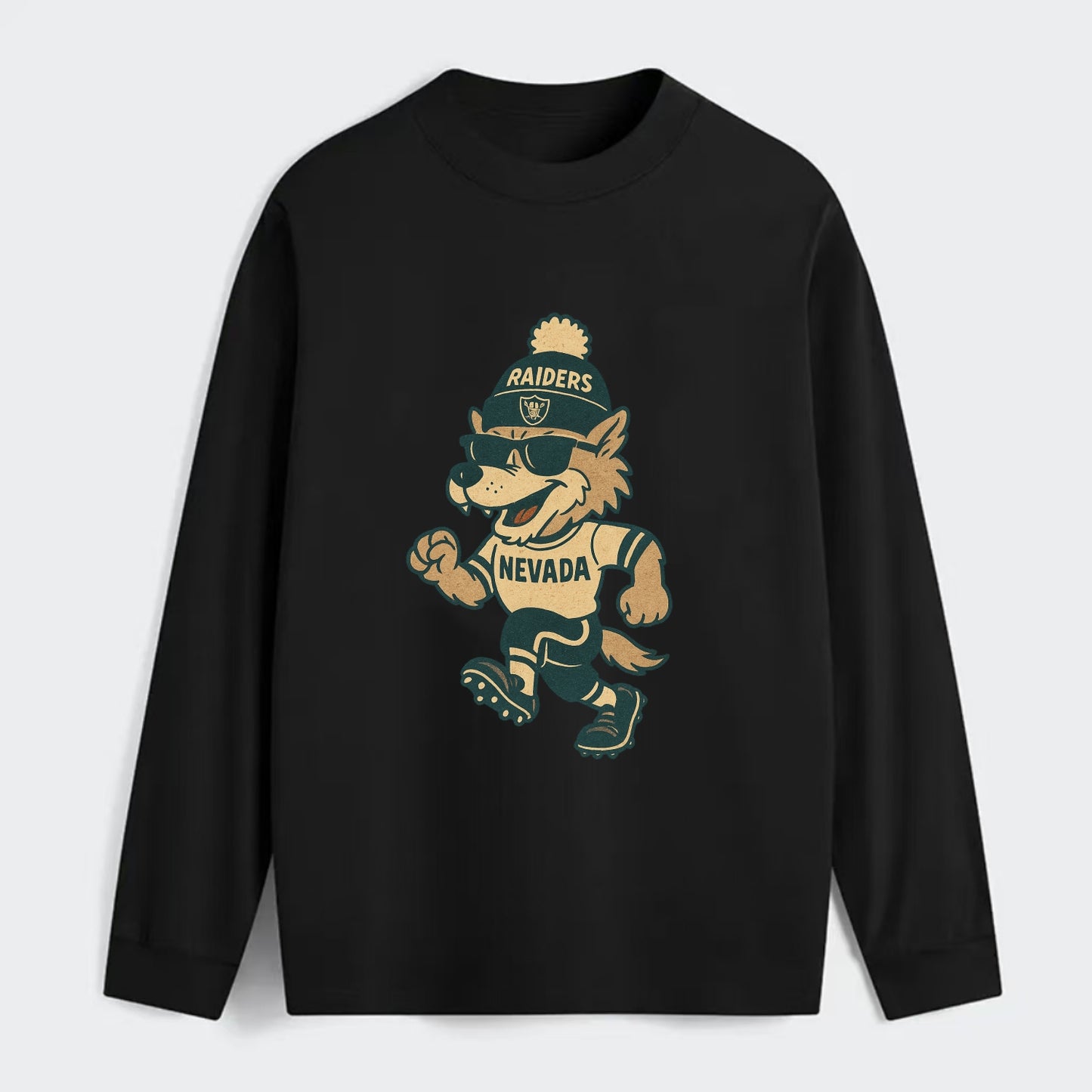 Nevada Wolf wearing Raiders beanie with outlaw patch and wayfarer - Classic Long Sleeve Shirt - Black