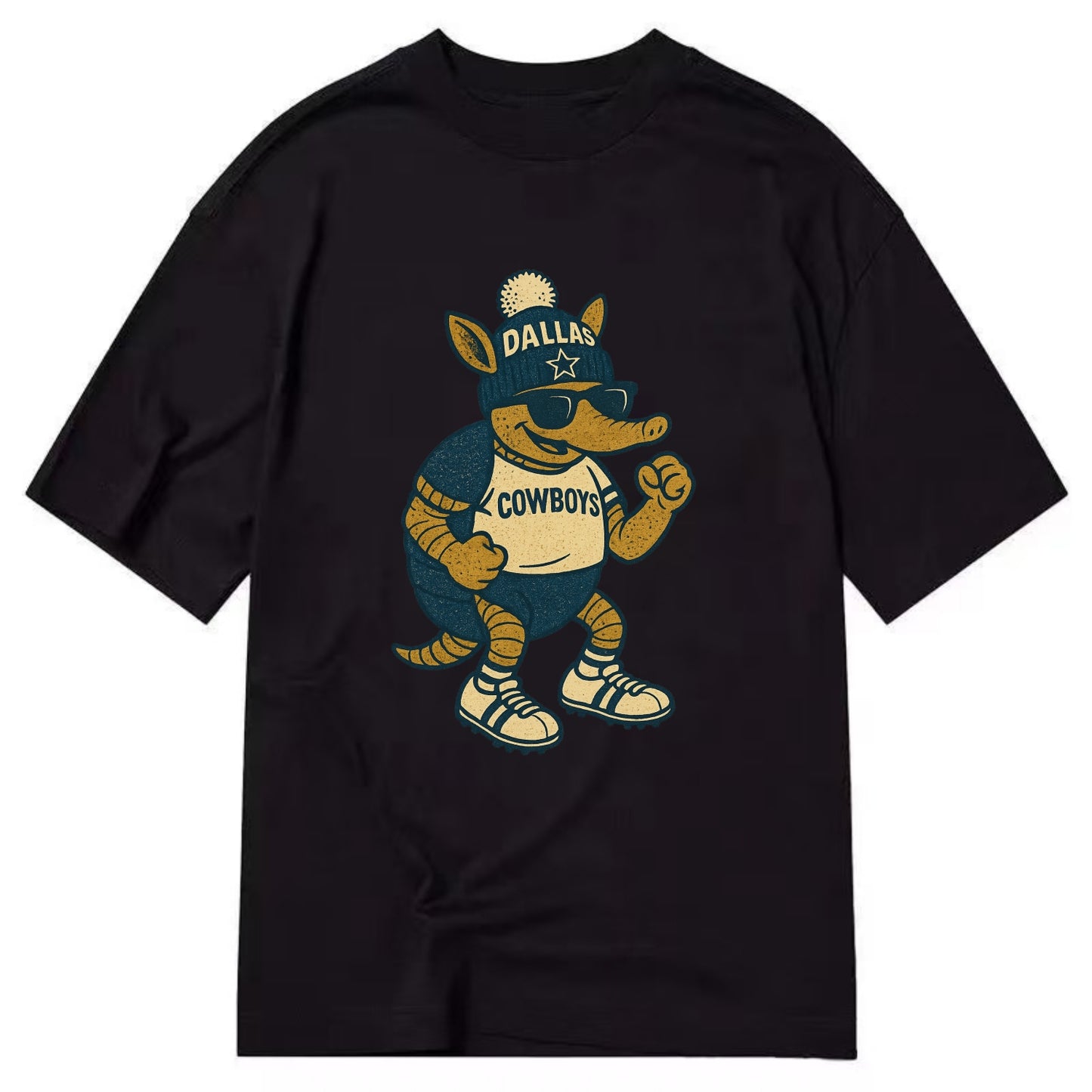 Dallas Armadillo wearing Cowboys beanie with lone star patch and wayfarer - Classic T-shirt - Black