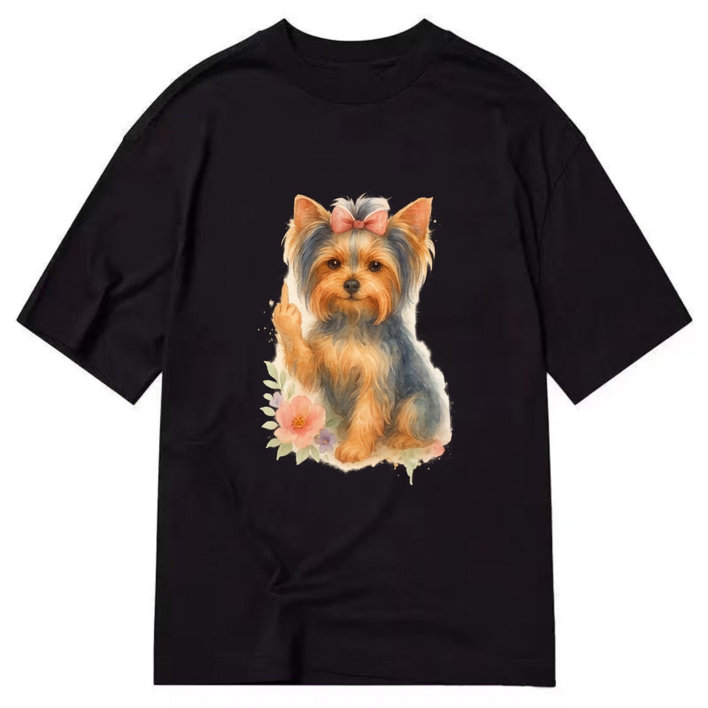 Yorkshire Terrier with topknot bow, one delicate paw flipping off - Classic T-shirt - Black