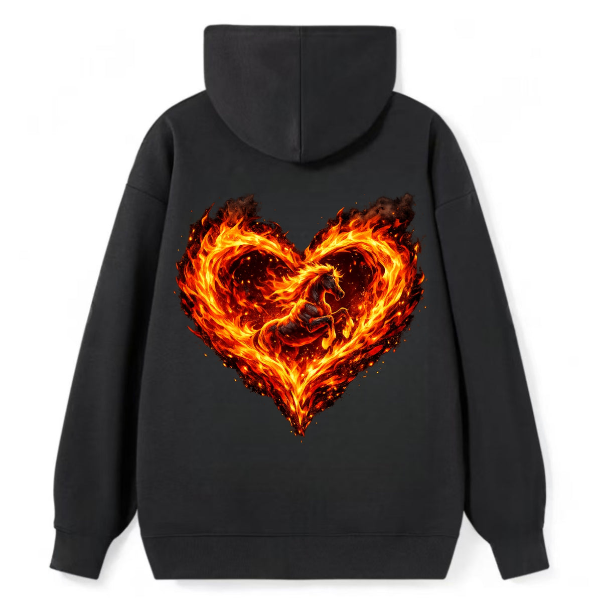 HEART OF FIRE | Flaming heart with horse silhouette inside | Passion - Classic Pullover Hoodie - Black