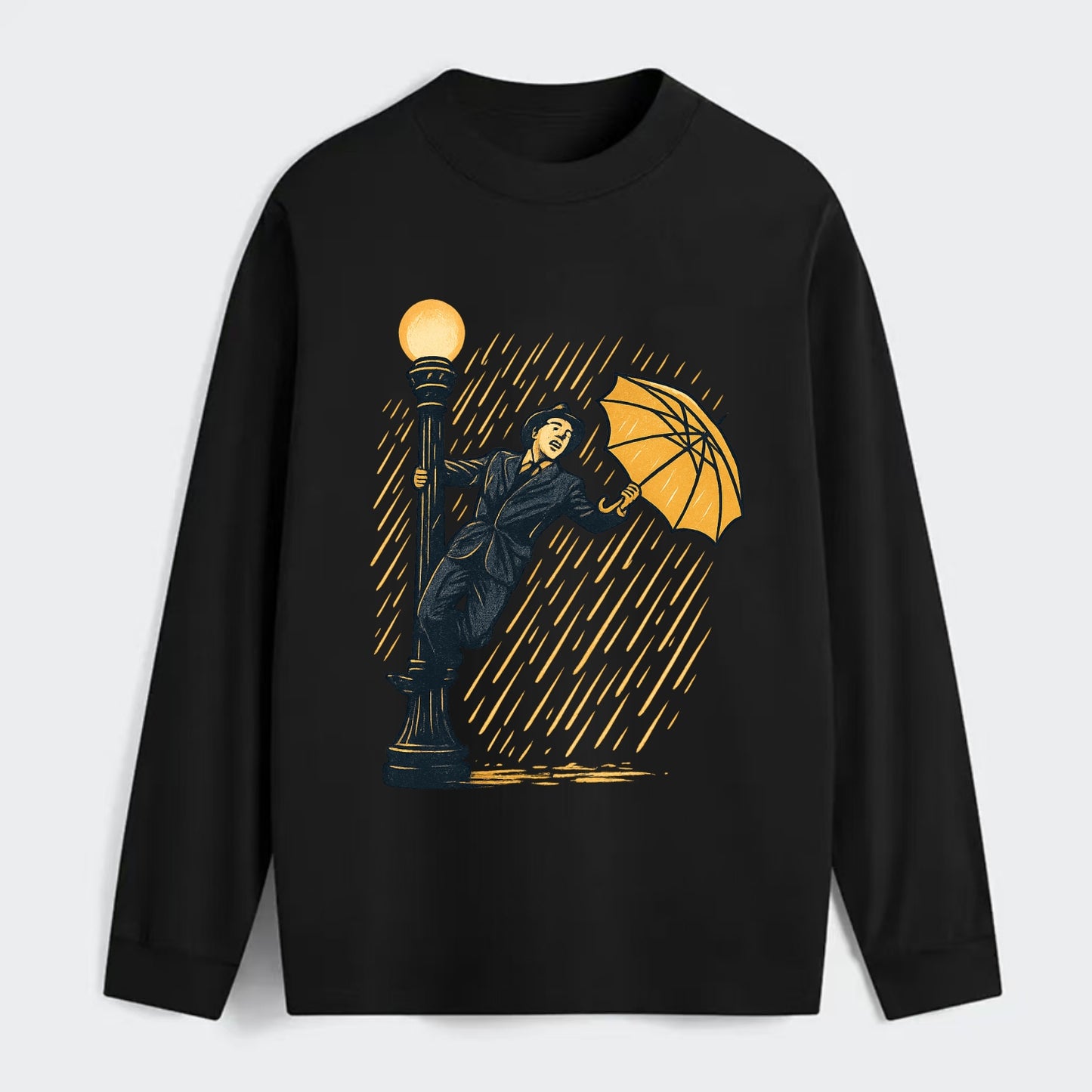 joyful dancing on lamppost in heavy rain with big smile - Classic Long Sleeve Shirt - Black