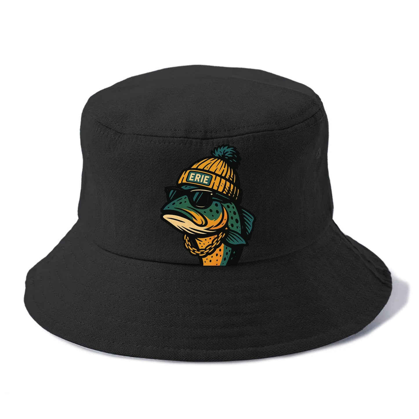 Erie Lake Trout wearing Erie beanie with pom pom and wayfarer sunglasses - Bucket Hat - Black