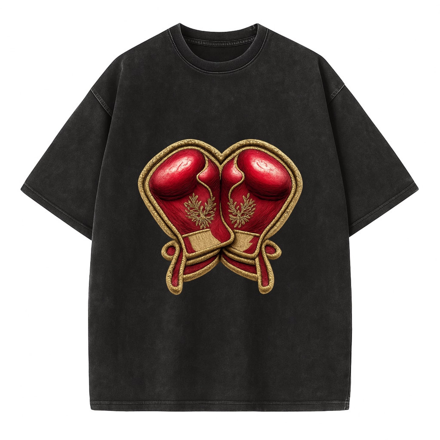 Embroidered patch design - BOXING GLOVES - red boxing gloves crossed in crimson - Vintage T-shirt - Black