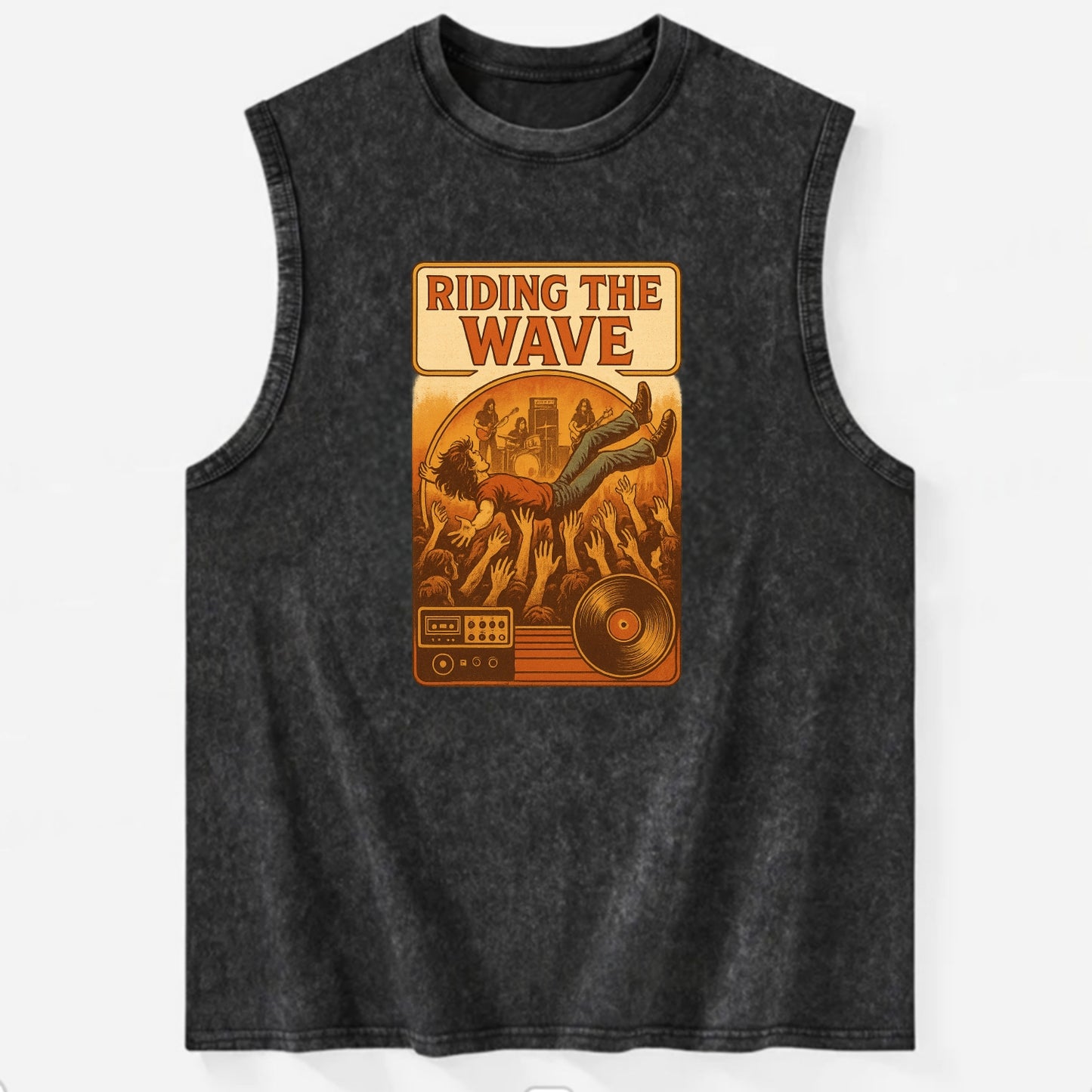 Crowd surfing at packed concert - "Riding the Wave" - concert energy - Vintage Washed Tank - Black
