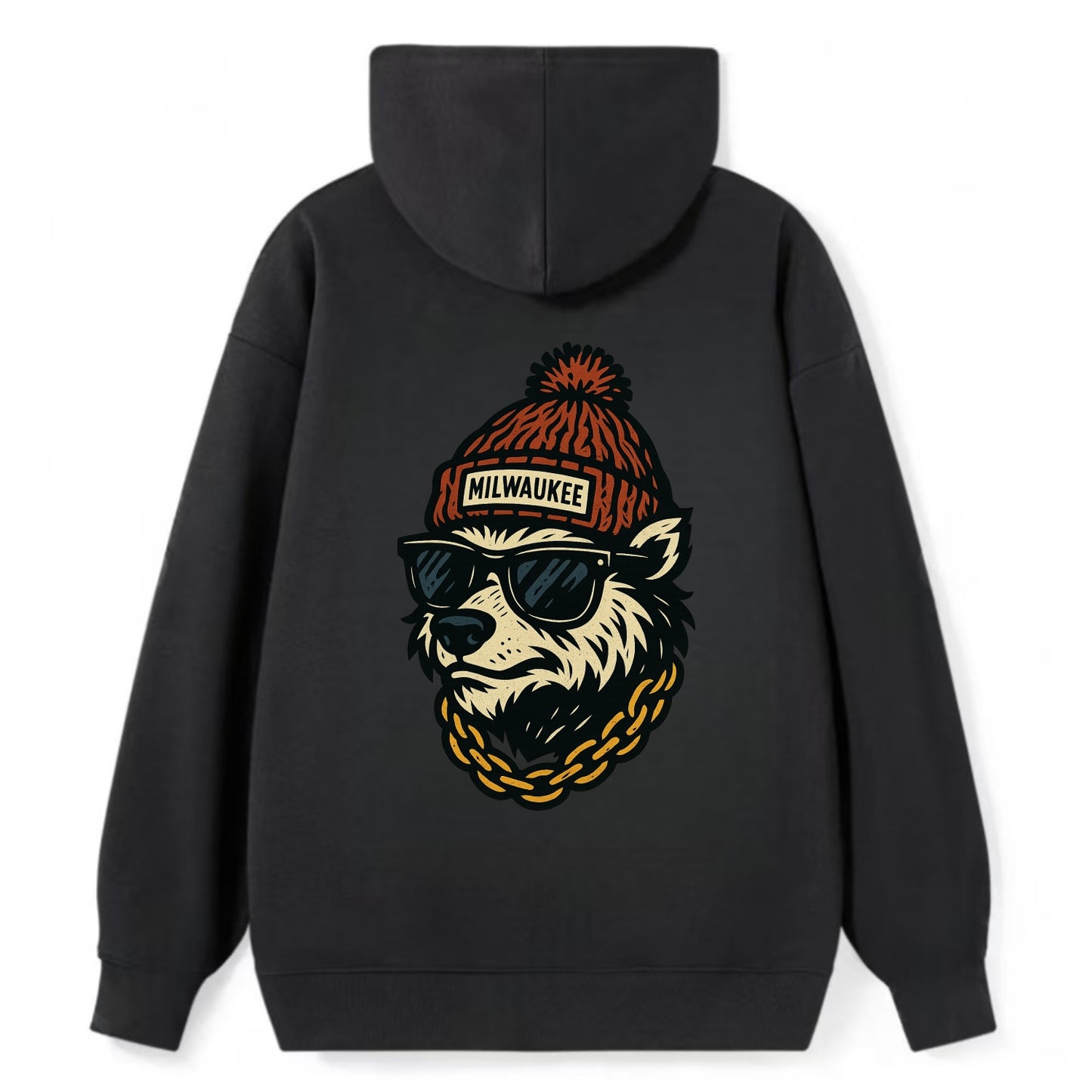 Milwaukee Badger wearing Milwaukee beanie with pom pom and wayfarer - Classic Pullover Hoodie - Black