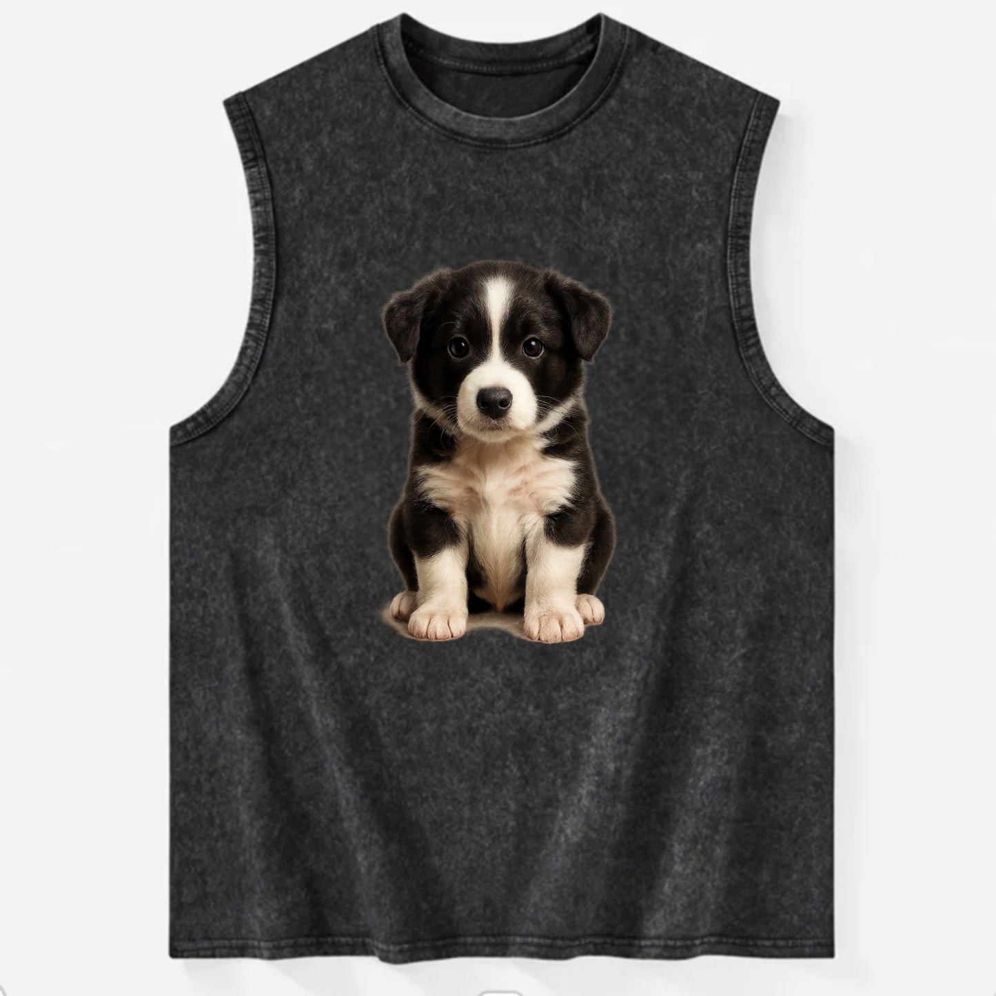Baby Border Collie Puppy - black and white, intense smart eyes, athletic - Vintage Washed Tank - Black