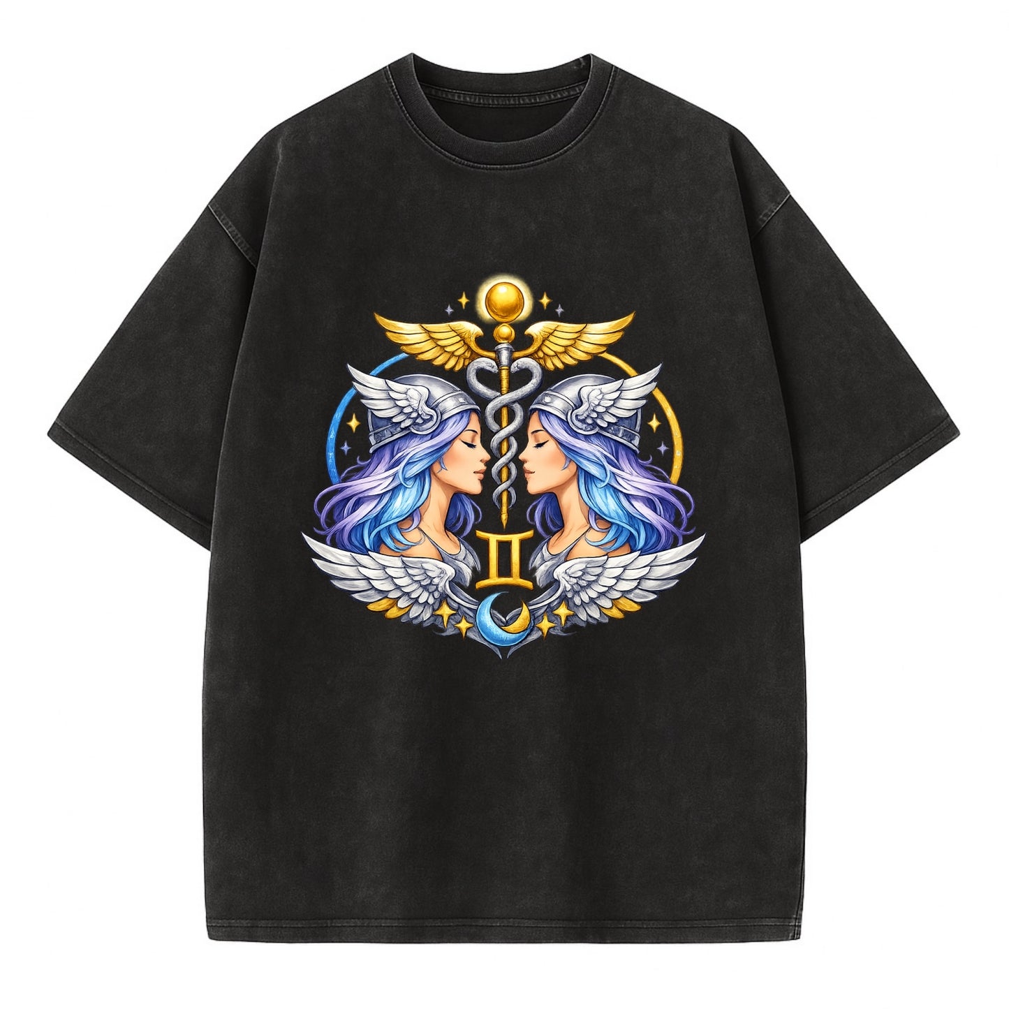 MERCURY WINGS | Winged messenger symbol | Caduceus staff | Swift communication | - Vintage T-shirt - Black