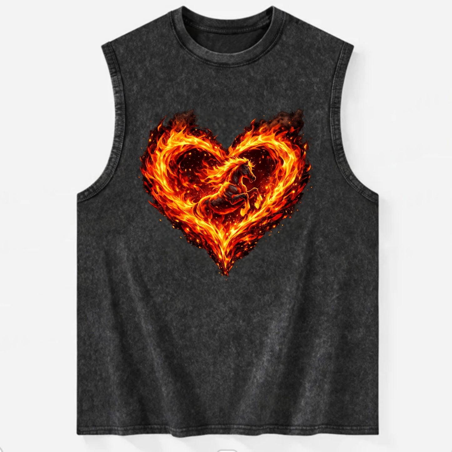 HEART OF FIRE | Flaming heart with horse silhouette inside | Passion embodied - Vintage Washed Tank - Black