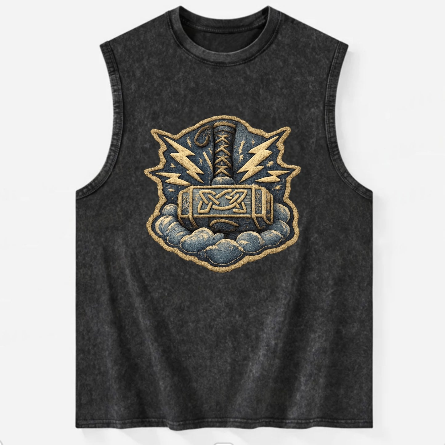 THOR HAMMER MJOLNIR - mighty hammer in silver and blue , thunder god - Vintage Washed Tank - Black