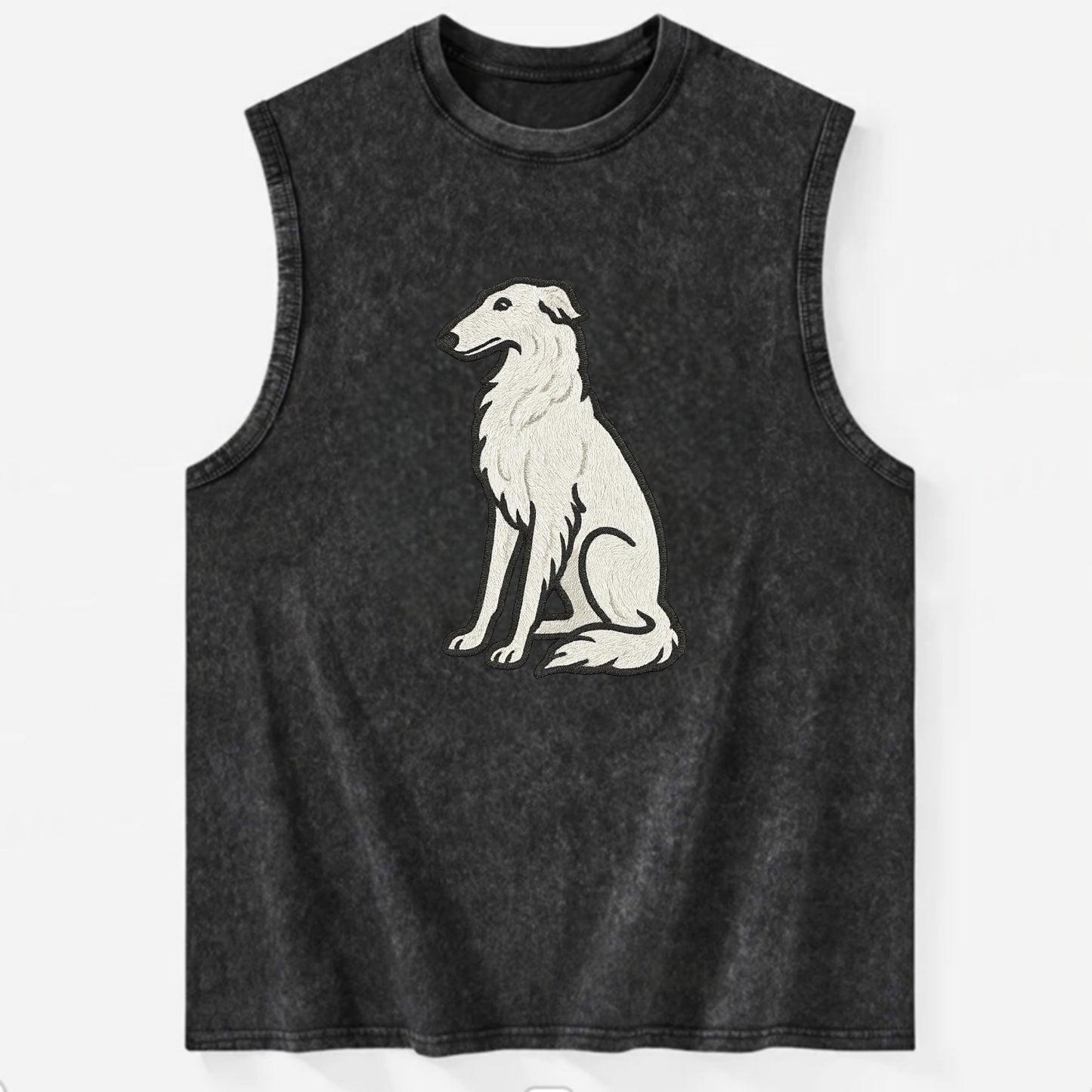 Borzoi - White embroidered sitting pose - Vintage Washed Tank - Black