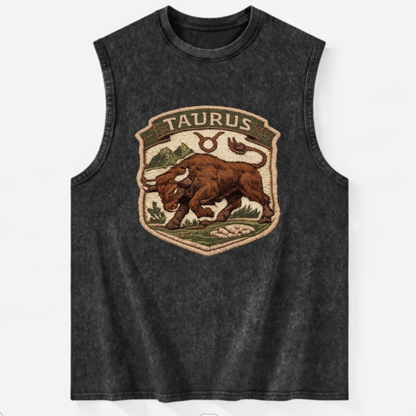 TAURUS BULL - strong bull in brown and green , earth sign - Vintage Washed Tank - Black