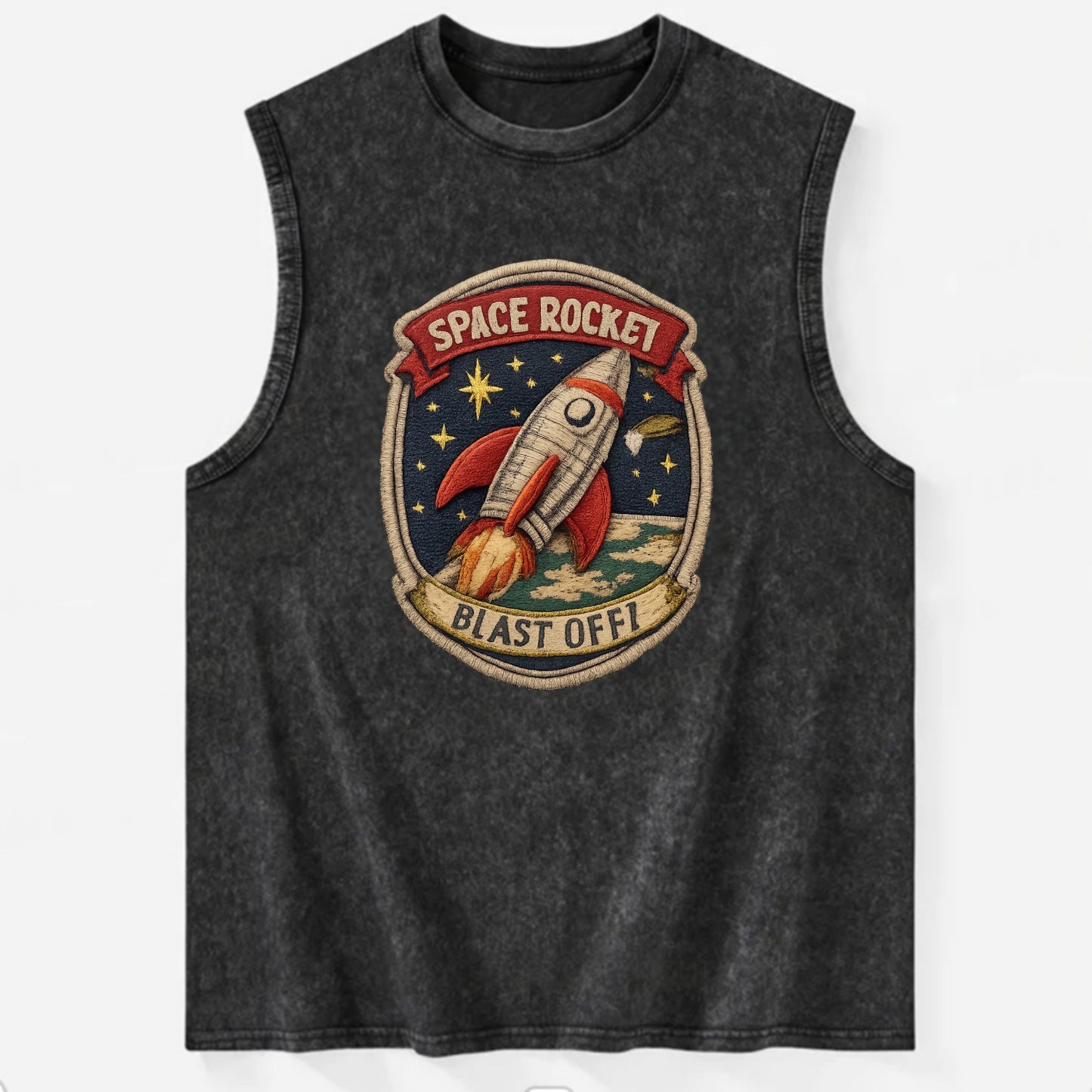 RETRO ROCKET - 1950s space rocket in silver and red , atomic age - Vintage Washed Tank - Black