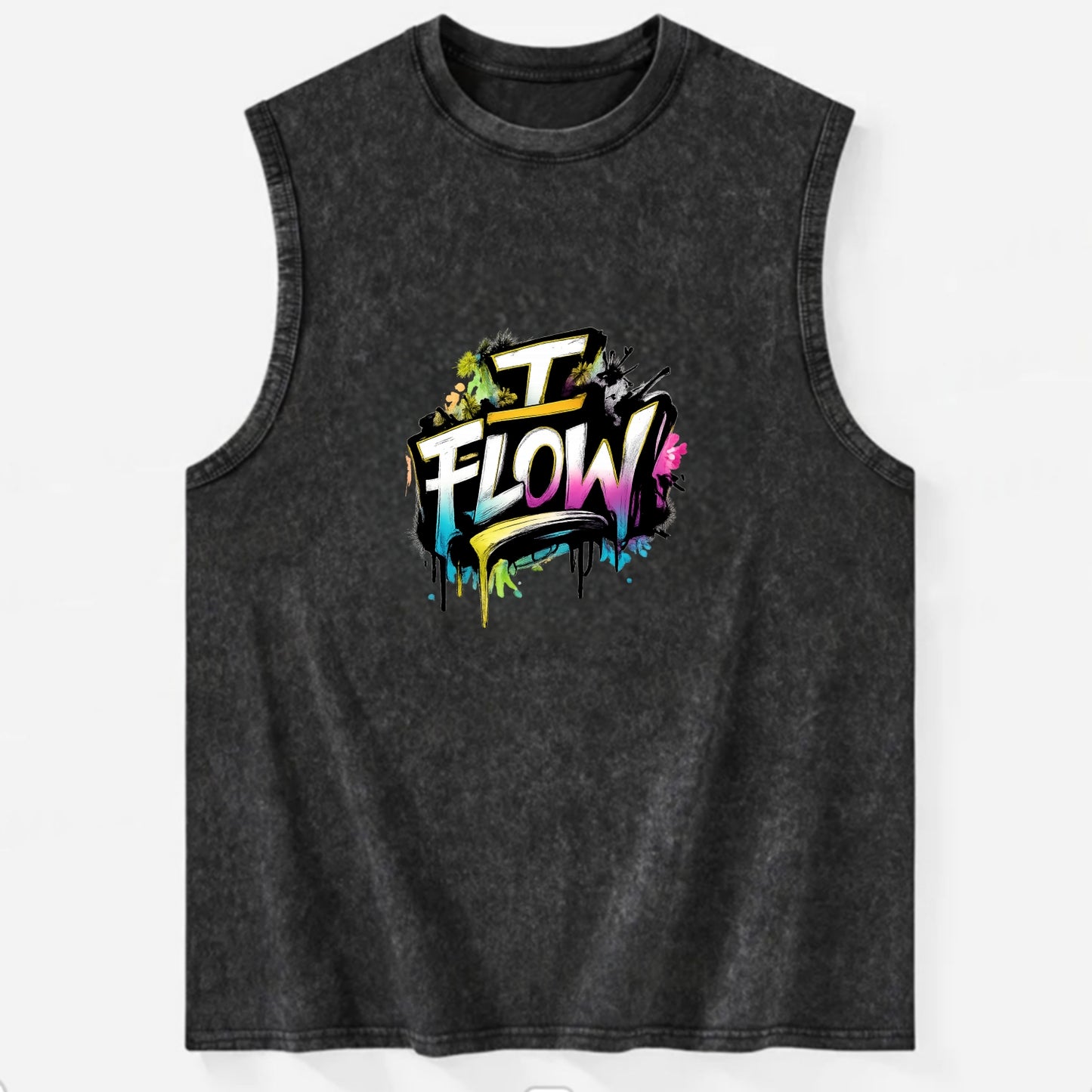 Bold typography design - "I FLOW" - going with life, easy movement - Vintage Washed Tank - Black