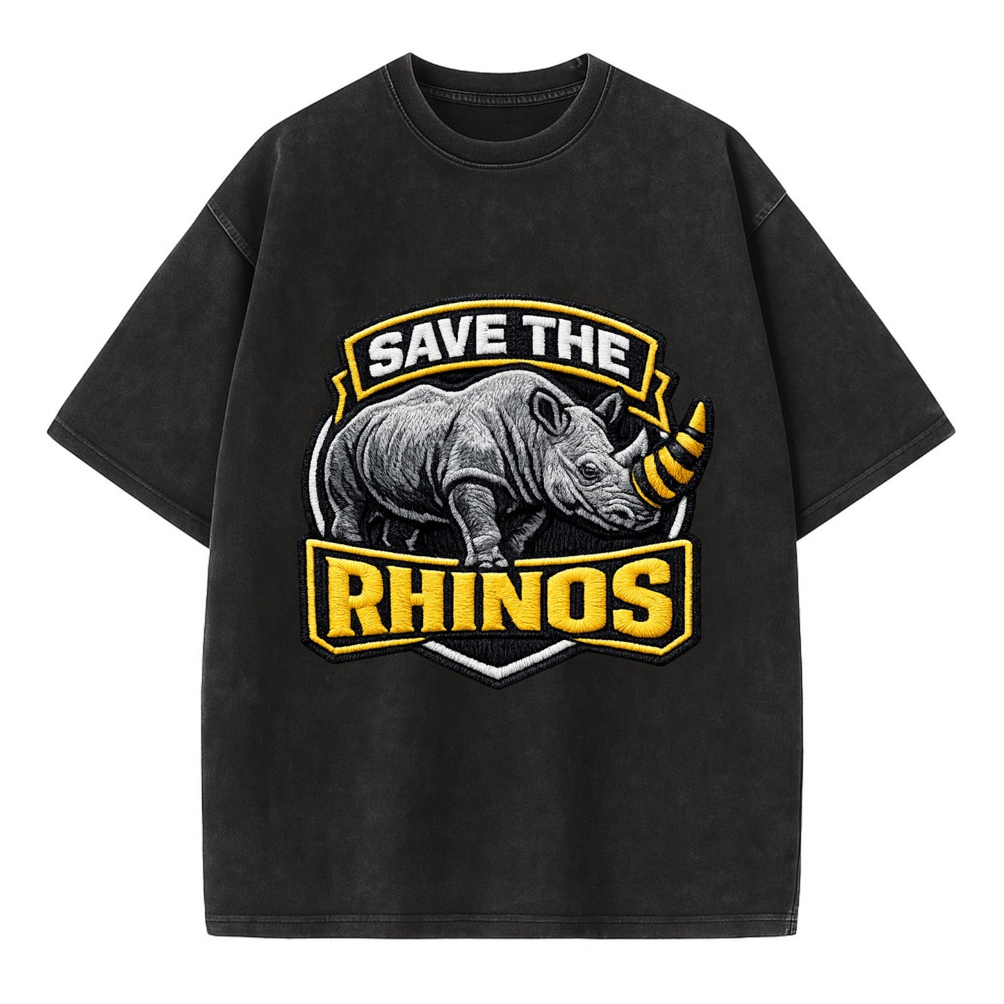 SAVE THE RHINOS - rhino silhouette in gray , horn protection - Vintage T-shirt - Black