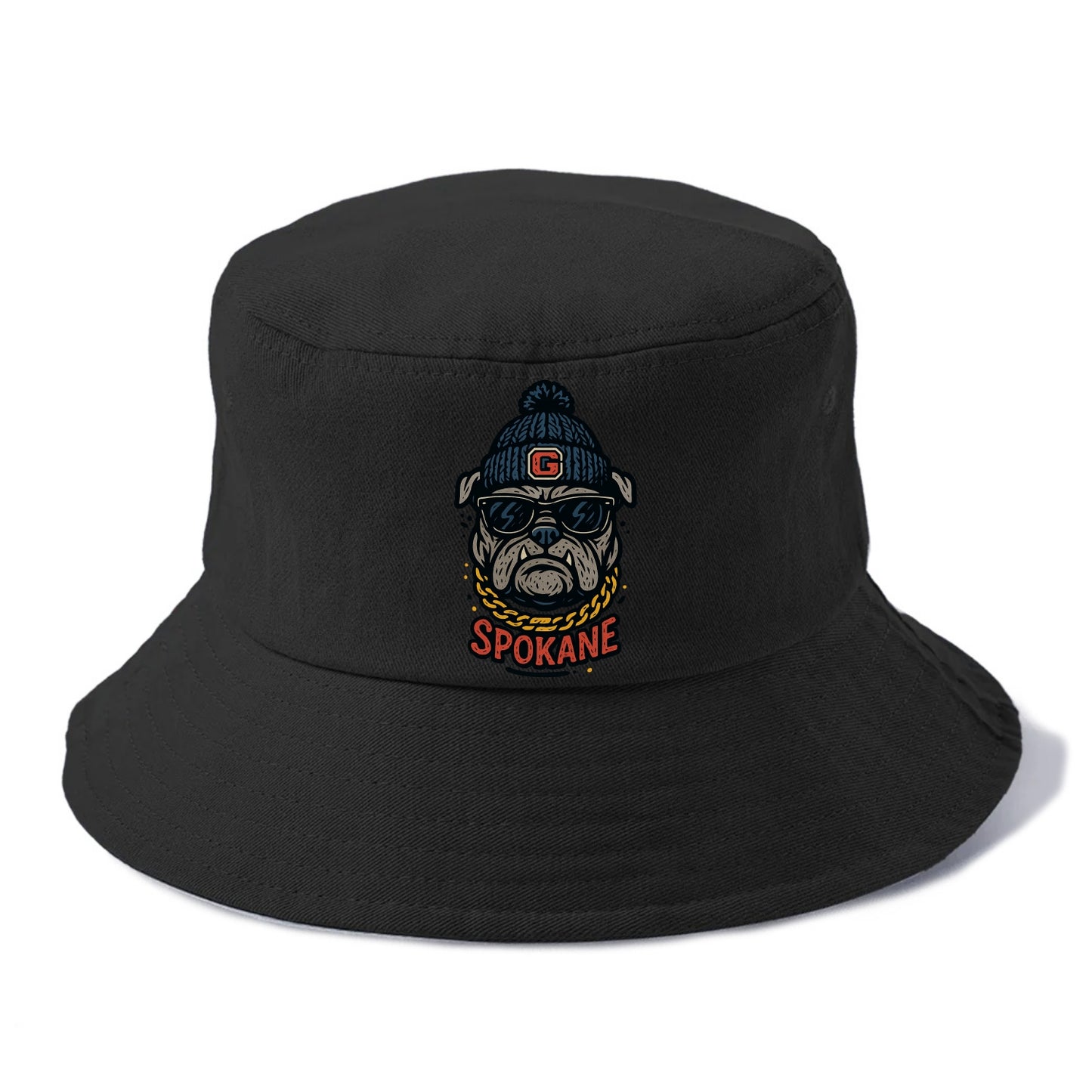 Spokane Bulldog wearing Gonzaga beanie with G patch - Bucket Hat - Black