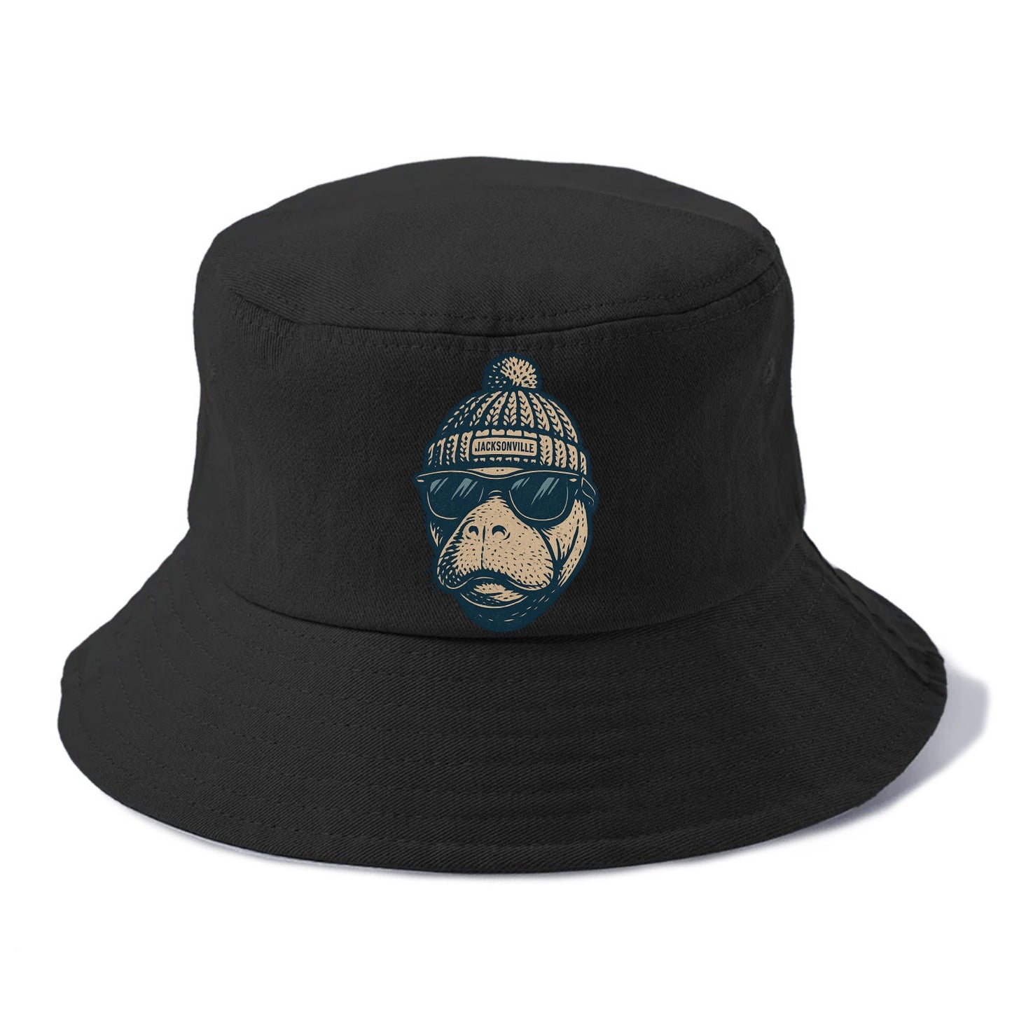 Jacksonville Manatee wearing Jacksonville beanie with pom pom and wayfarer sunglasses - Bucket Hat - Black