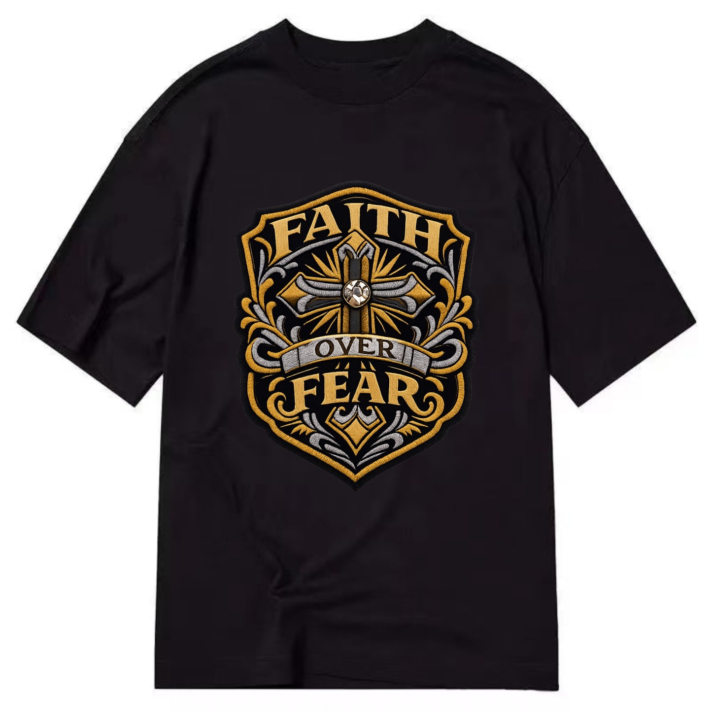FAITH OVER FEAR - cross with text in gold , spiritual strength - Classic T-shirt - Black