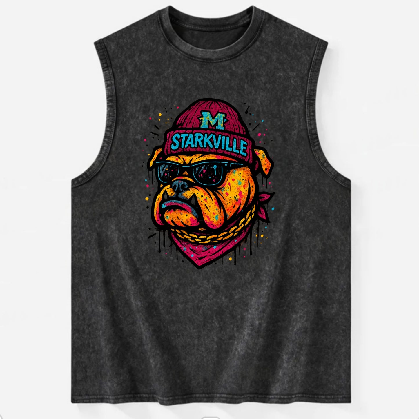 Starkville Bulldog wearing Mississippi State beanie with M patch - Vintage Washed Tank - Black