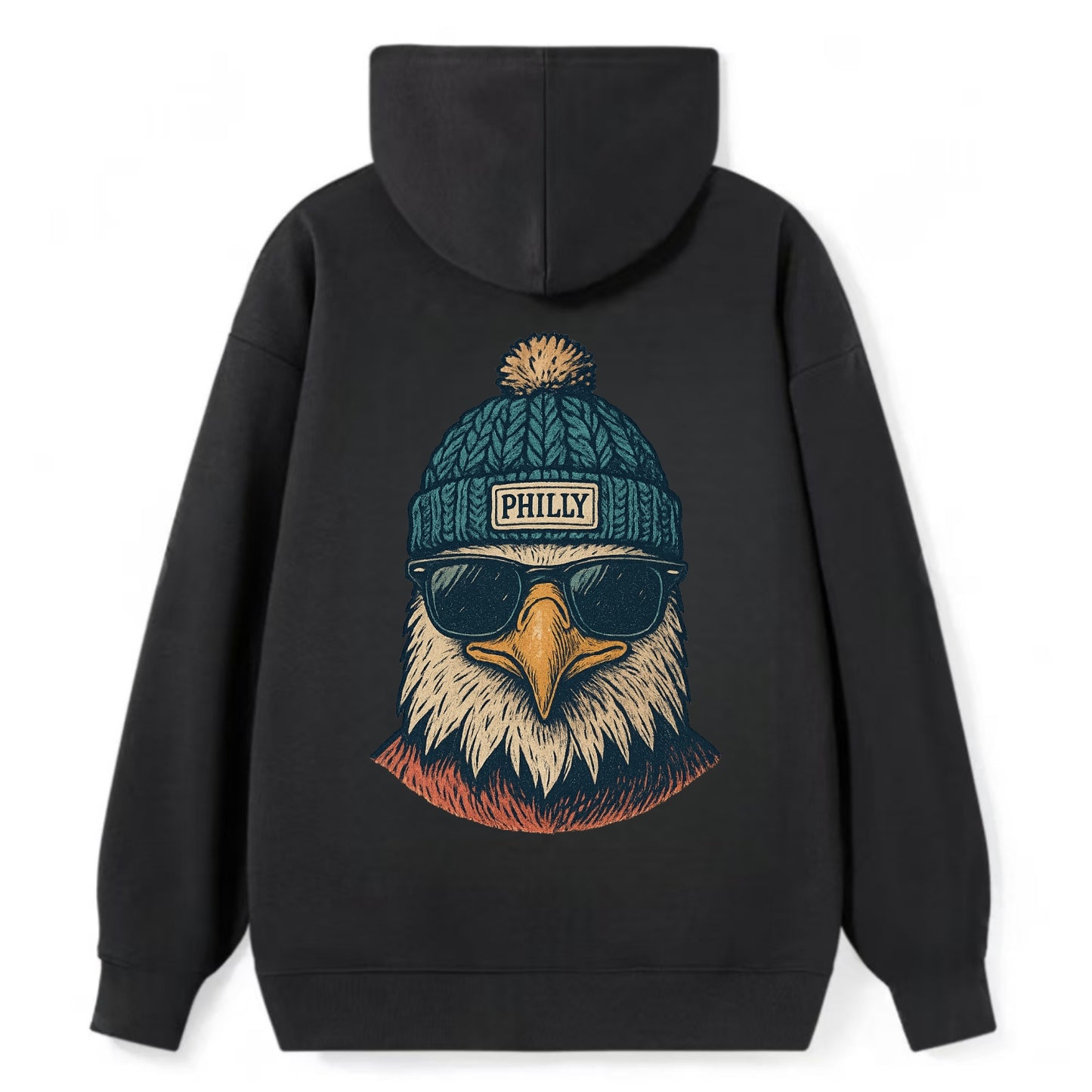 Philadelphia Eagle wearing Philly beanie with pom pom and wayfarer - Classic Pullover Hoodie - Black