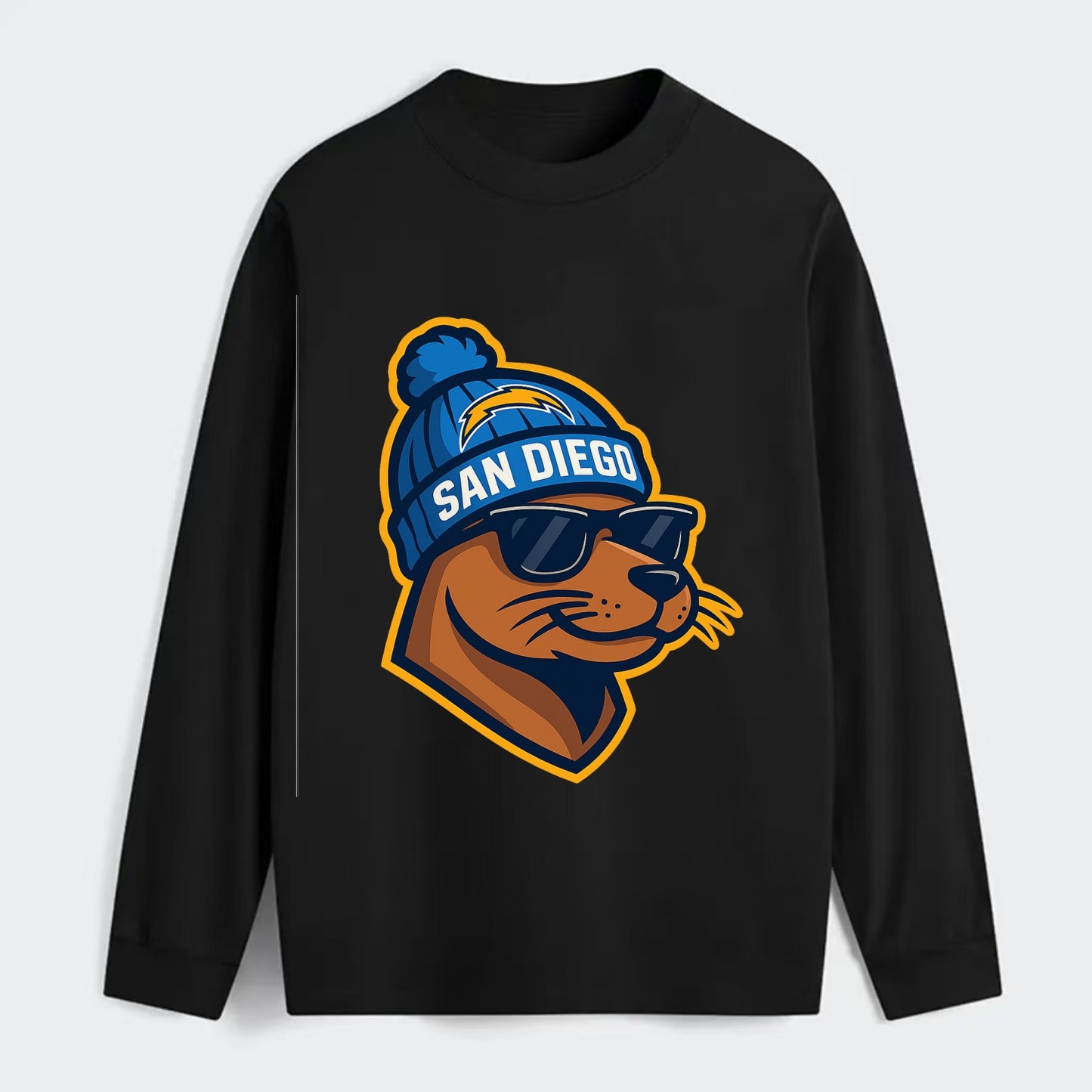 San Diego Sea Lion wearing Chargers beanie with bolt patch and wayfarer - Classic Long Sleeve Shirt - Black