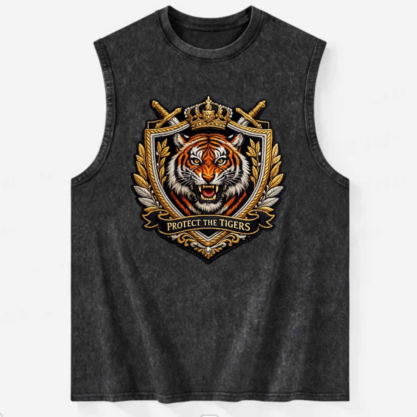 PROTECT THE TIGERS - tiger with shield in orange , big cat conservation - Vintage Washed Tank - Black