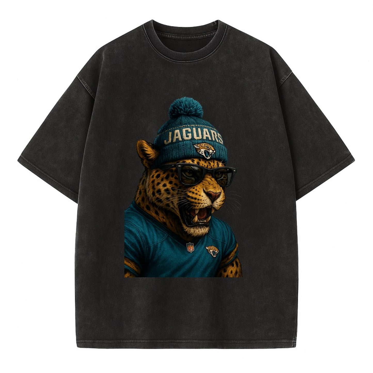 Jacksonville Jaguar wearing Jaguars teal and gold beanie with pom pom and - Vintage T-shirt - Black