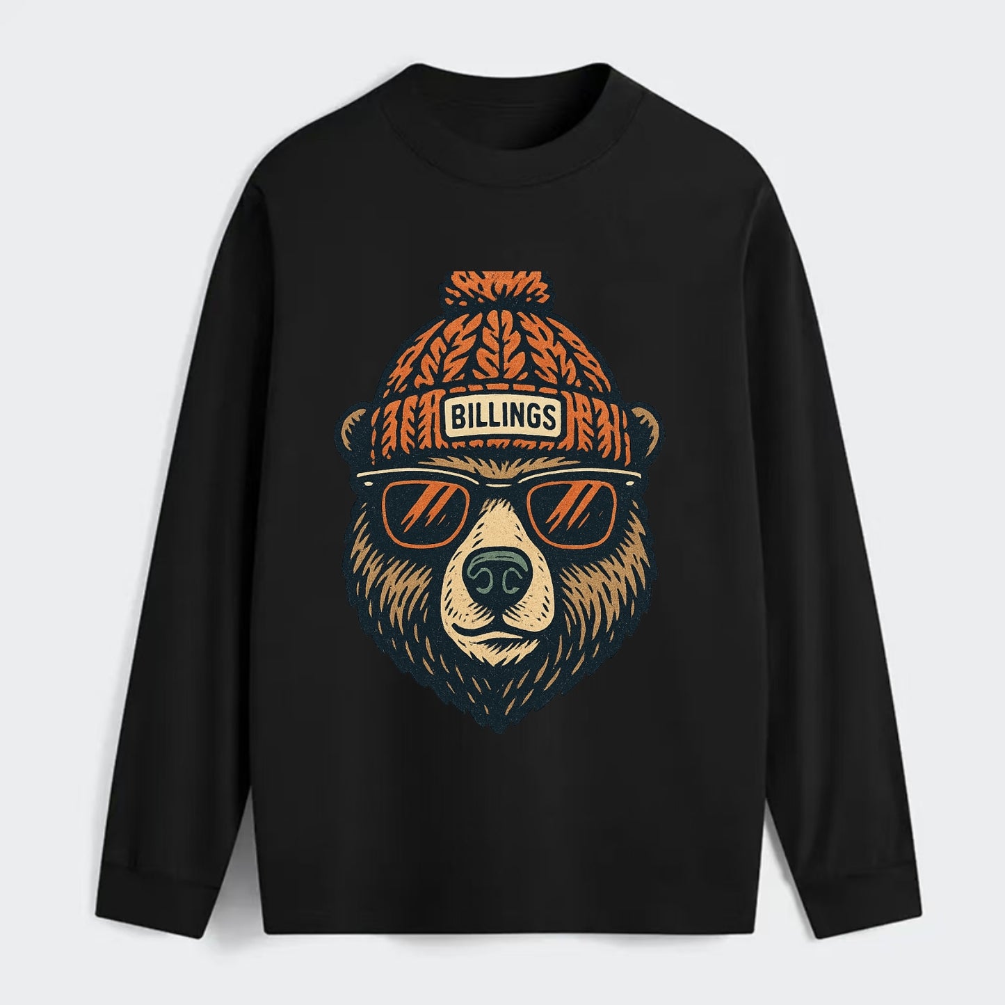 Montana Grizzly Bear wearing Billings beanie with pom pom and wayfarer - Classic Long Sleeve Shirt - Black