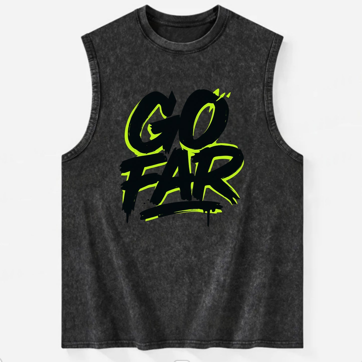Bold typography design - "GO FAR" - distance goals, pushing limits - Vintage Washed Tank - Black