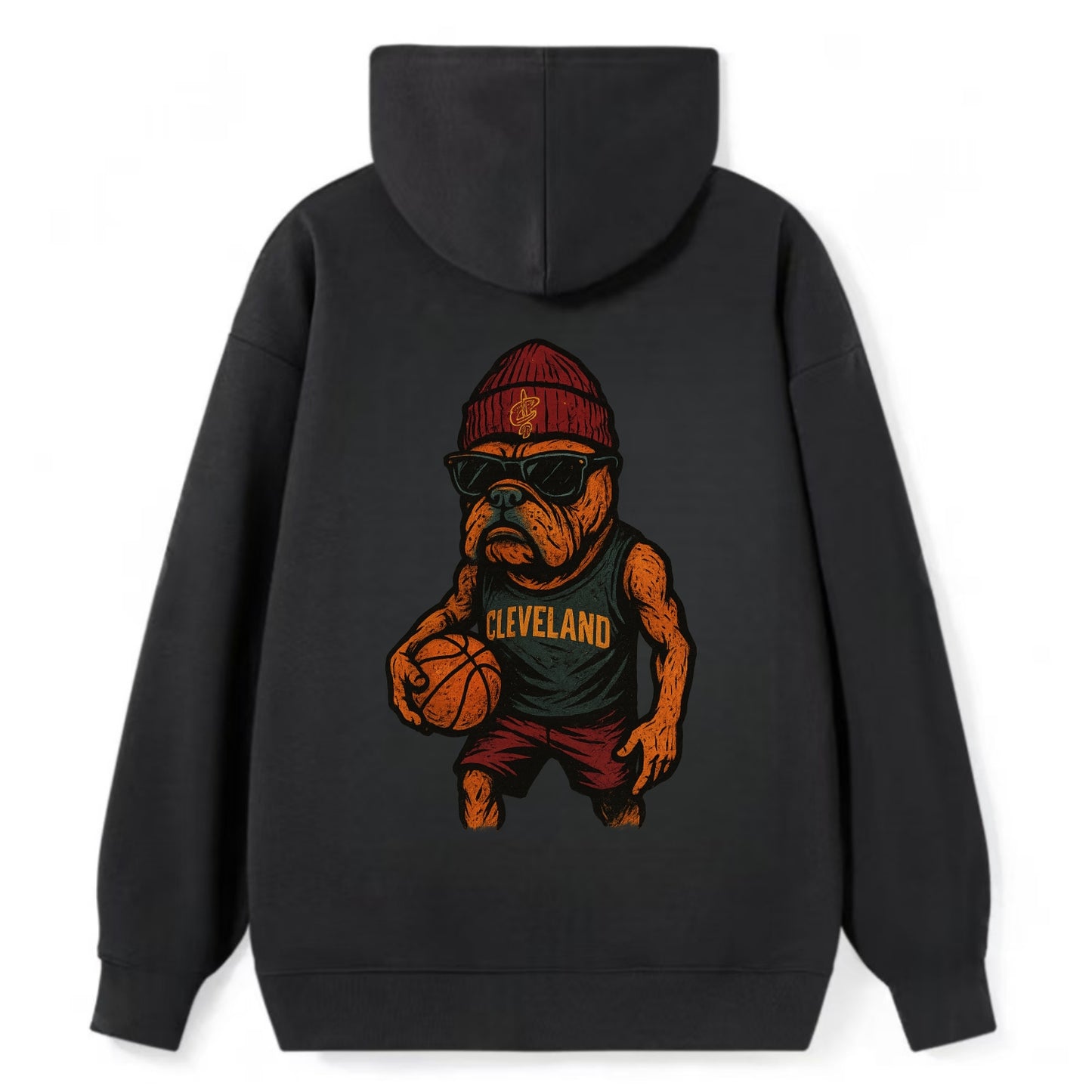 Cleveland Bulldog wearing Cavaliers wine and gold beanie with sword patch - Classic Pullover Hoodie - Black