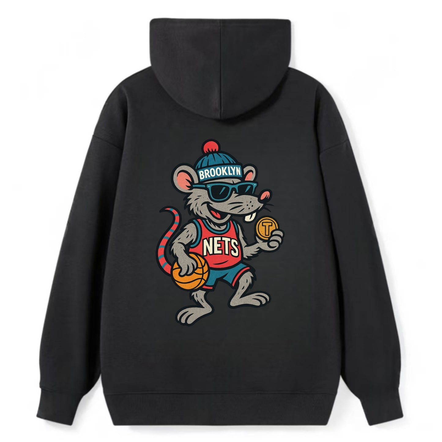Brooklyn Rat wearing Nets beanie with subway token and wayfarer sunglasses - Classic Pullover Hoodie - Black