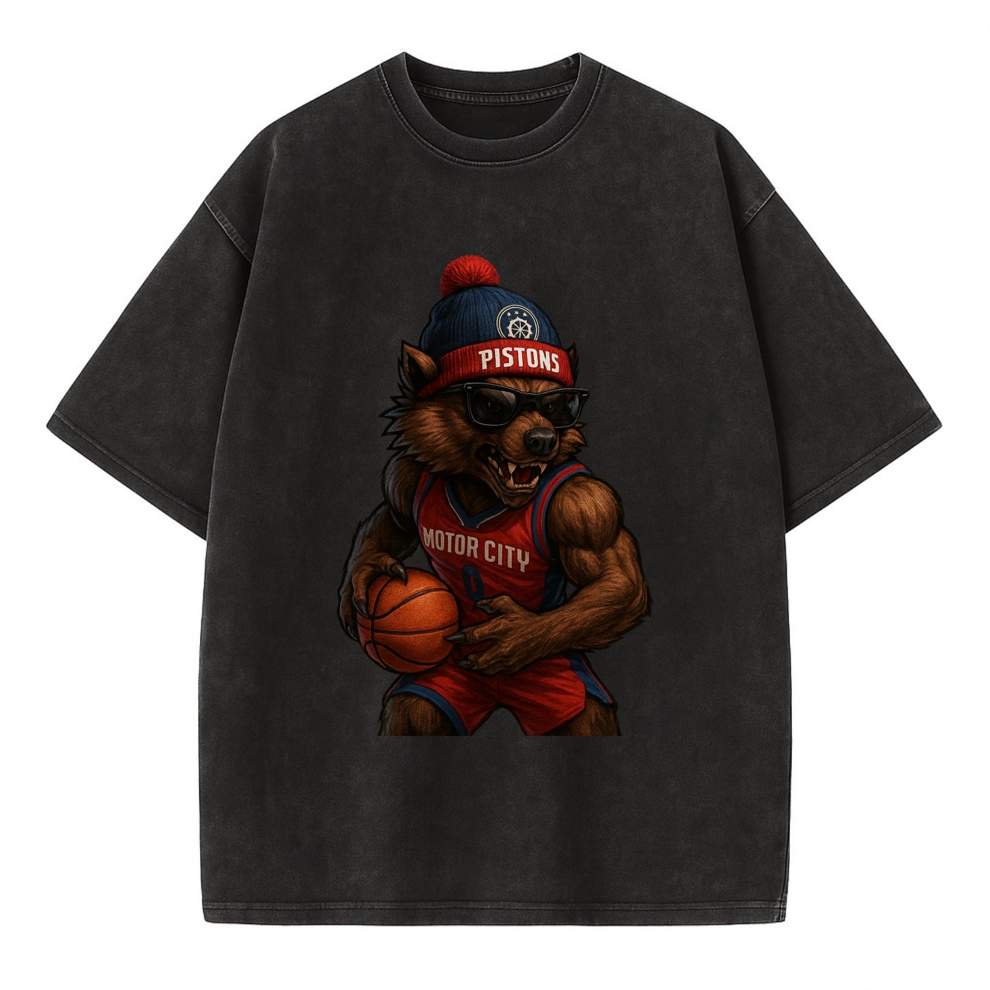 Motor City Wolverine wearing Pistons beanie with gear patch and wayfarer - Vintage T-shirt - Black