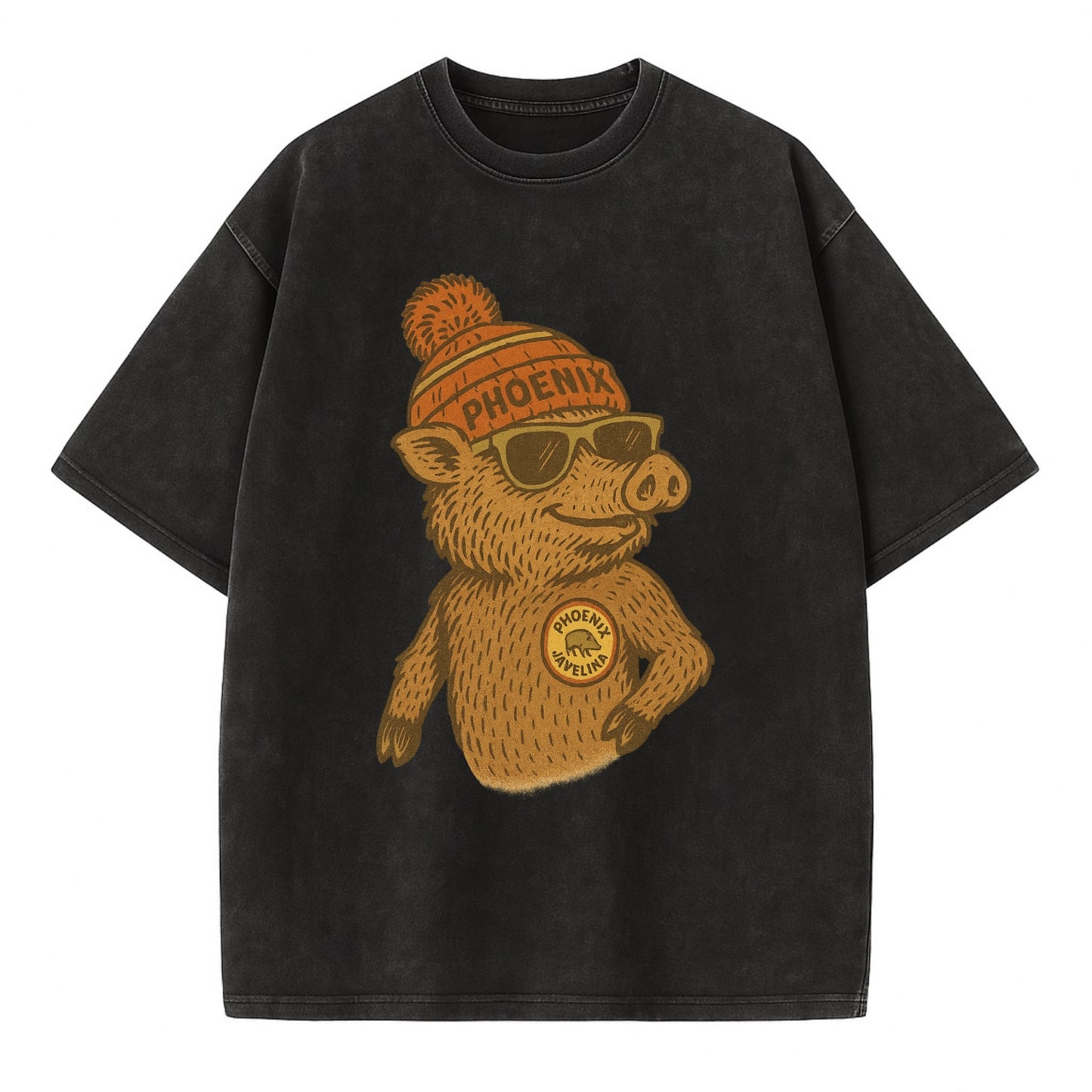 Phoenix Javelina wearing Phoenix beanie with pom pom and wayfarer sunglasses - Vintage T-shirt - Black