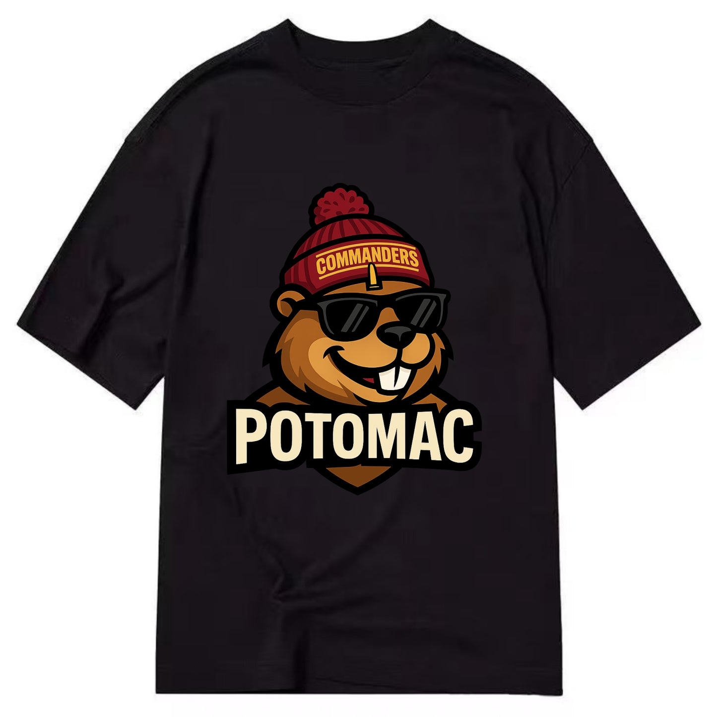 Potomac Beaver wearing Commanders beanie with monument patch and wayfarer - Classic T-shirt - Black