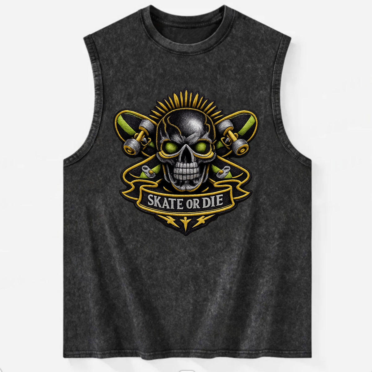 SKATEBOARD SKULL - skull with skateboard in black and neon green , extreme - Vintage Washed Tank - Black