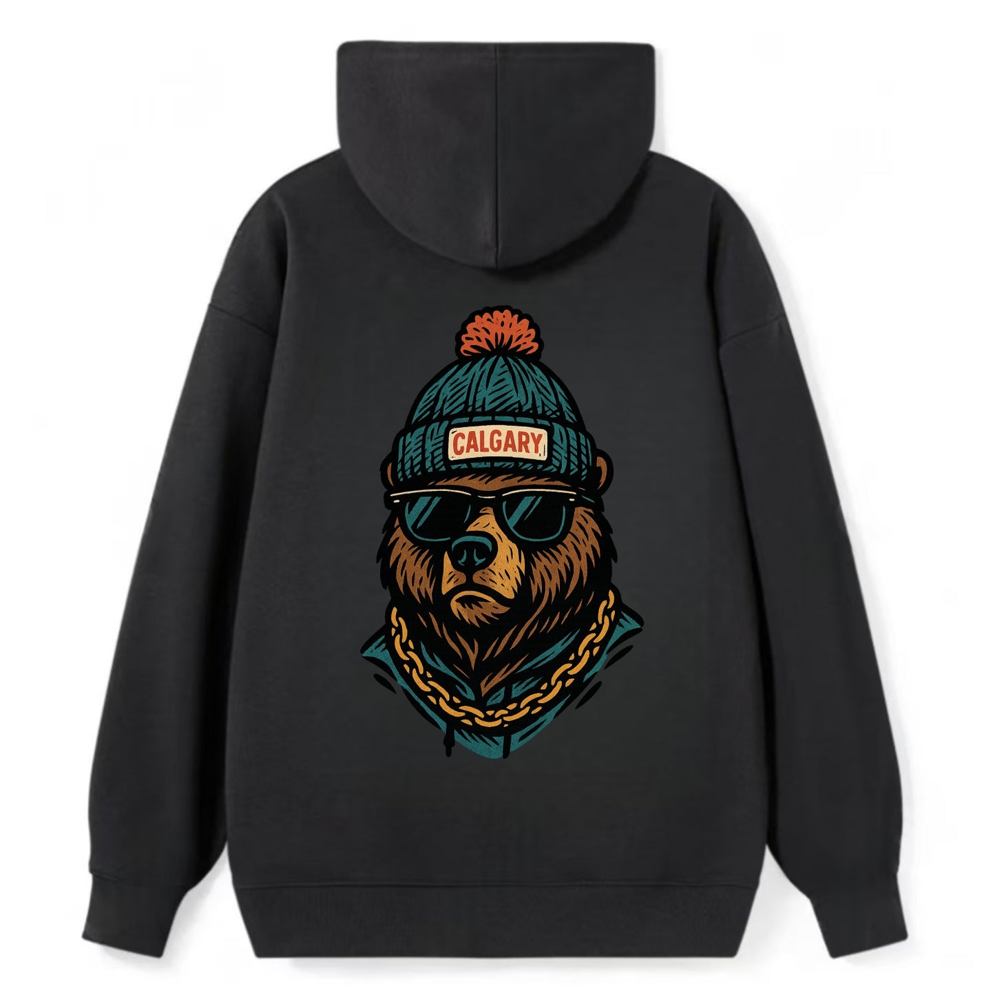 Calgary Grizzly Bear wearing Calgary beanie with pom pom and wayfarer - Classic Pullover Hoodie - Black