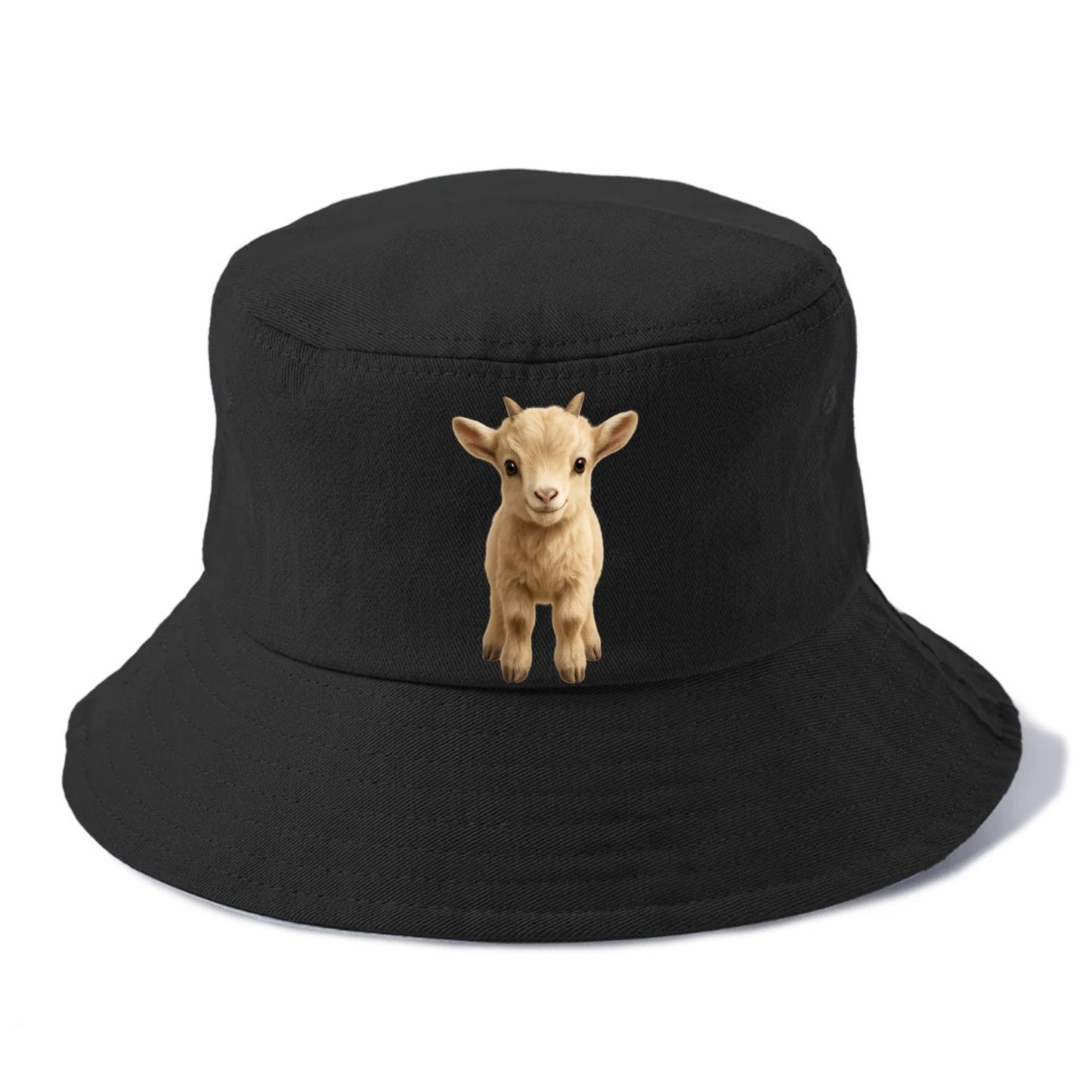 Baby Goat Kid - small horns, rectangular pupils, fluffy, playful eyes, front-facing, - Bucket Hat - Black