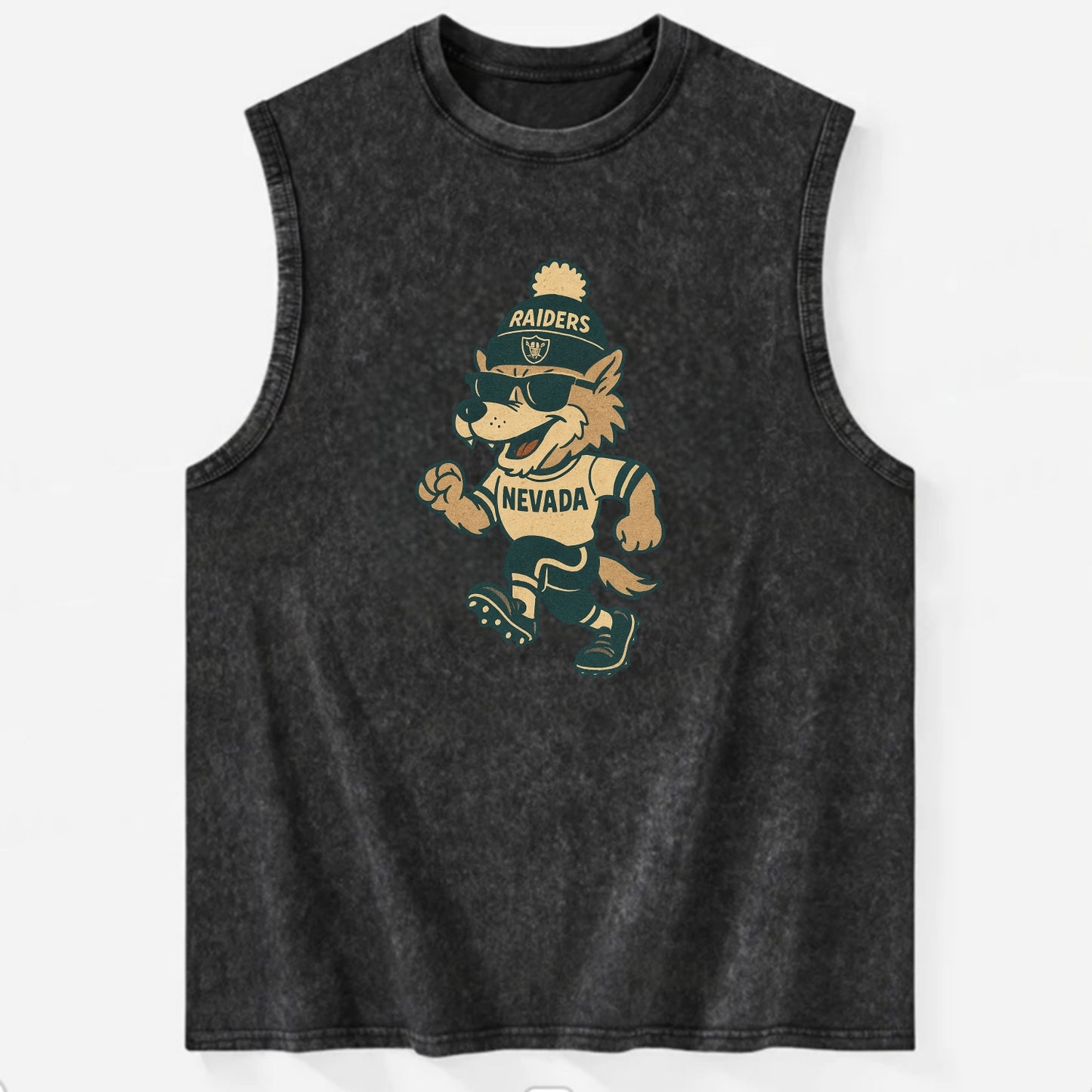 Nevada Wolf wearing Raiders beanie with outlaw patch and wayfarer sunglasses - Vintage Washed Tank - Black
