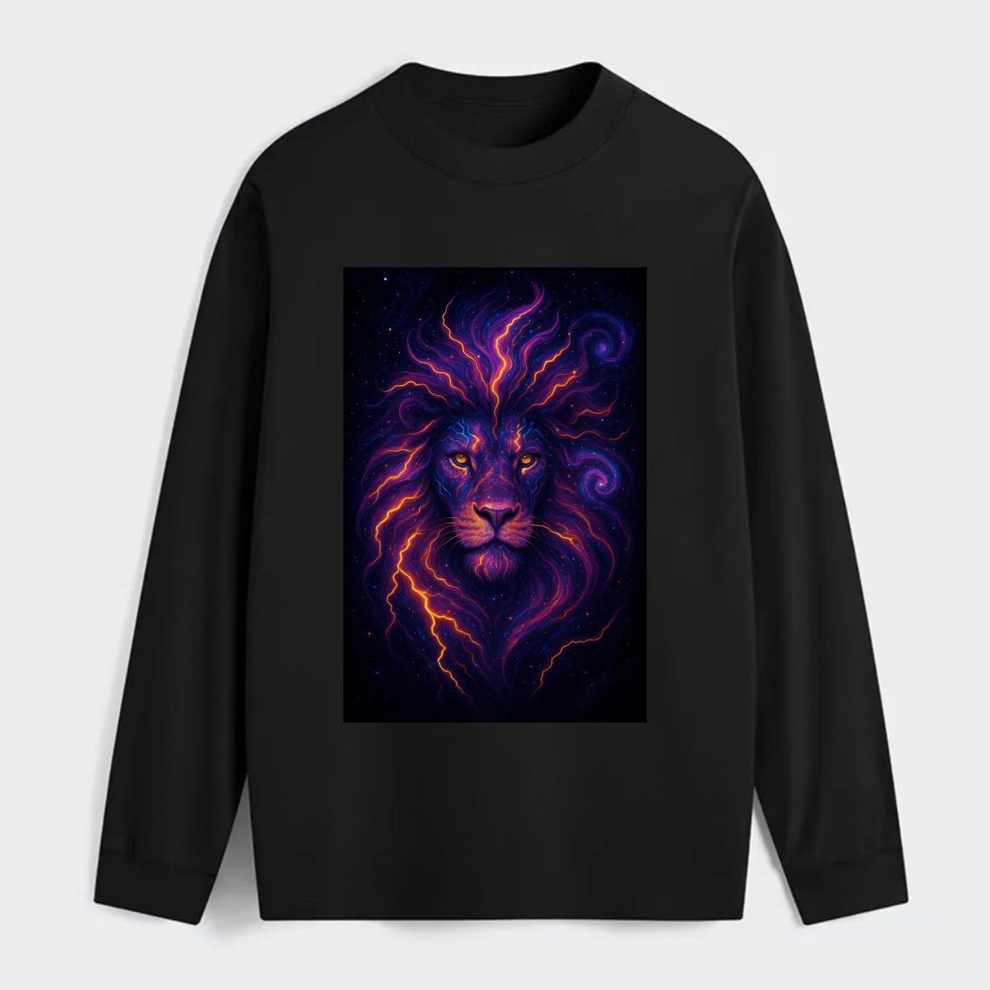 Regal lion with mane made of electric currents, neon yellow and hot - Classic Long Sleeve Shirt - Black