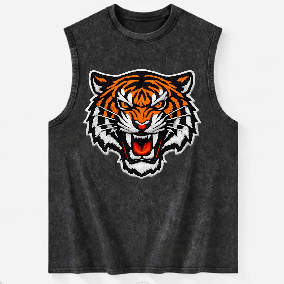 TIGER STRIPES FACE - fierce tiger face in orange, black and white , predator - Vintage Washed Tank - Black