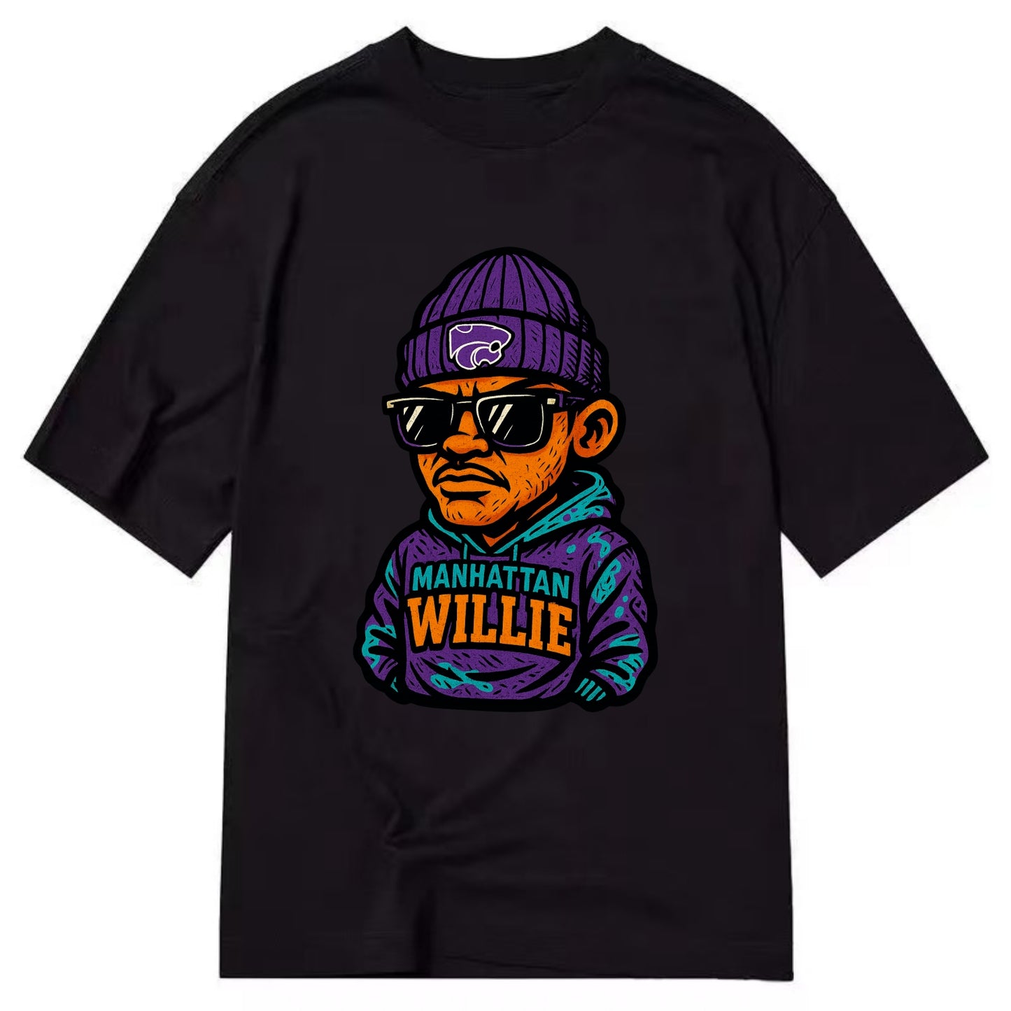 Manhattan Willie wearing Kansas State beanie with powercat patch - Classic T-shirt - Black
