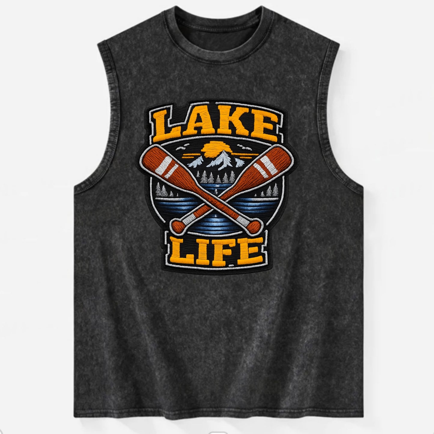 CANOE PADDLE - wooden paddle crossed in brown and cream , lake life - Vintage Washed Tank - Black
