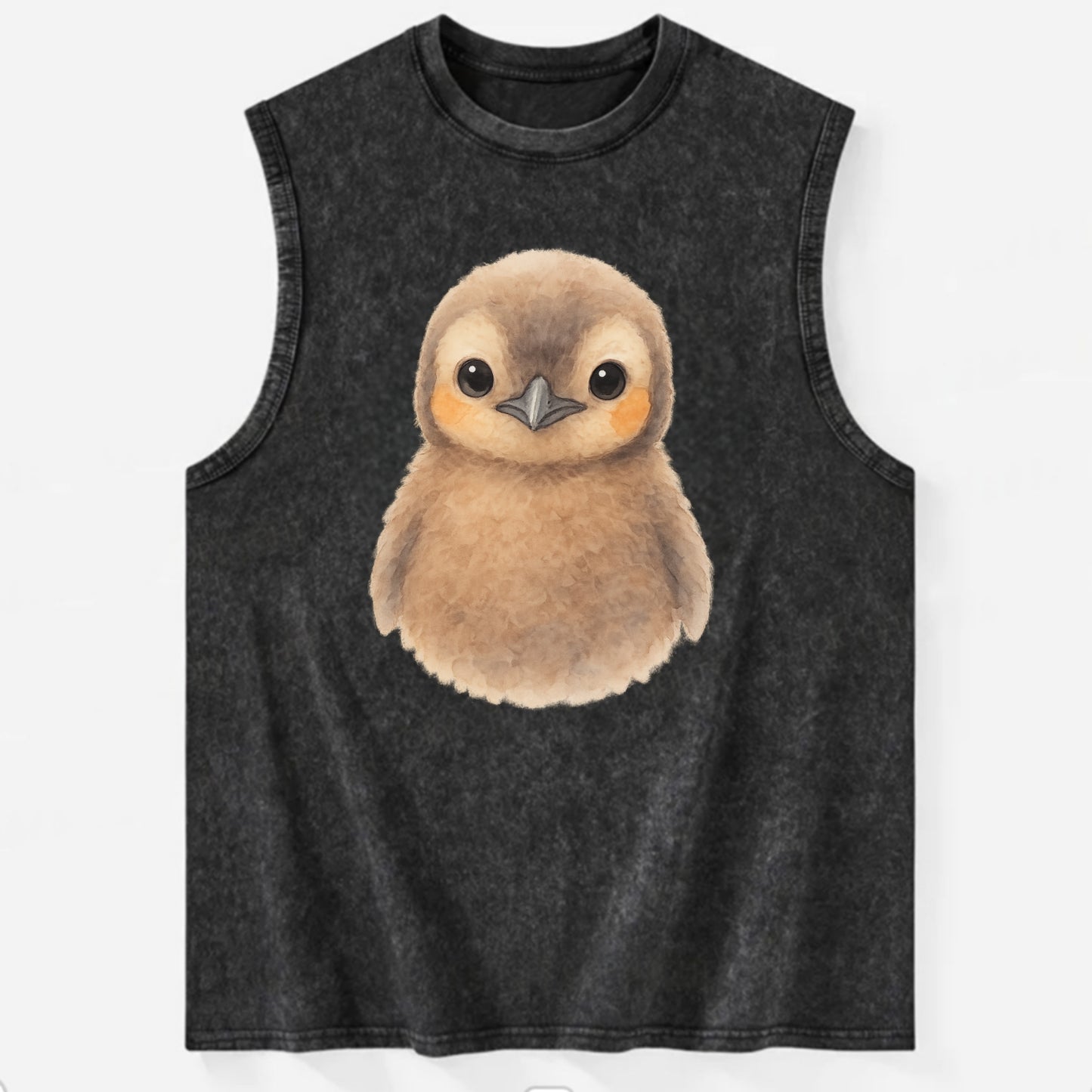 Baby King Penguin - orange cheek patches, fluffy brown, large eyes, - Vintage Washed Tank - Black