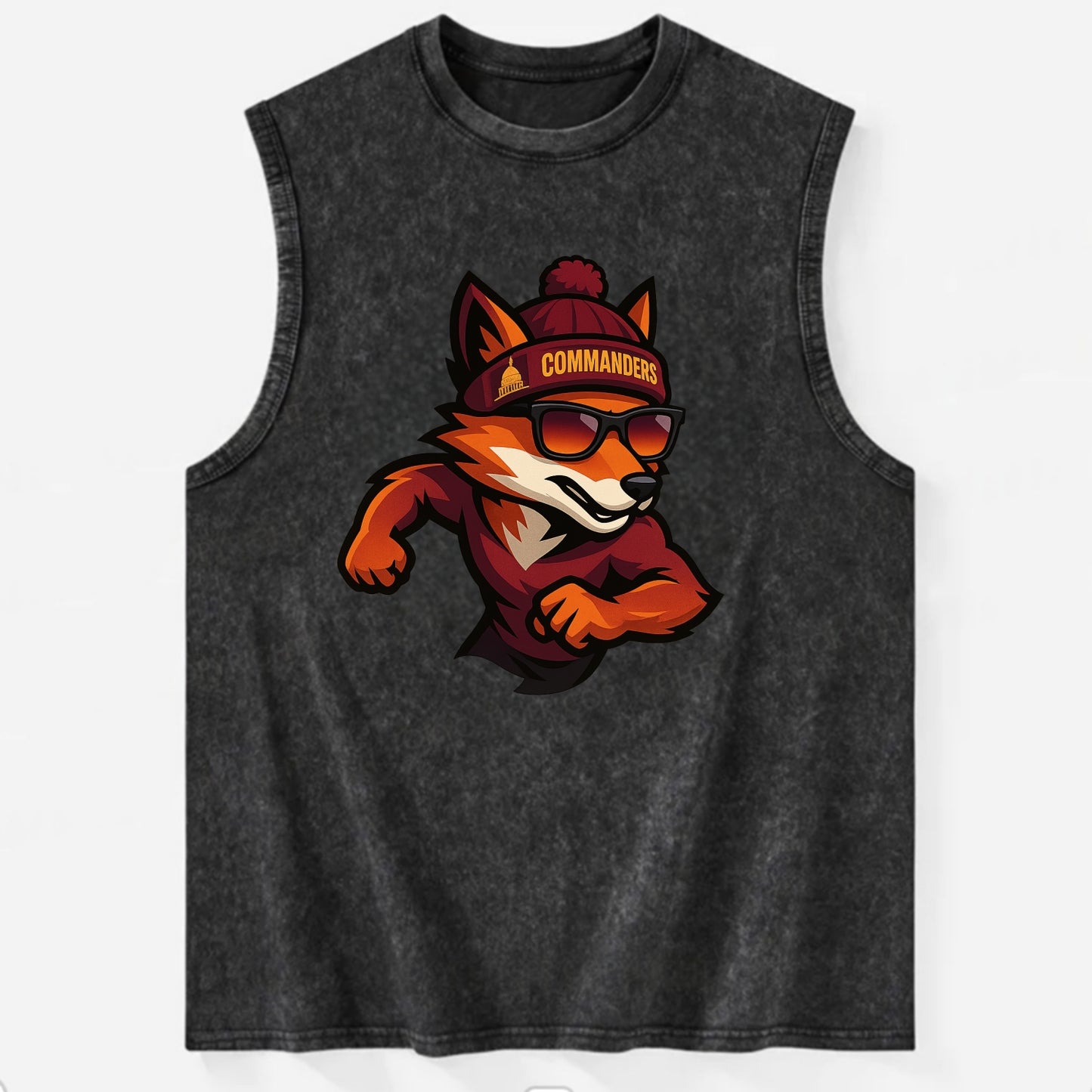 Washington Fox wearing Commanders beanie with Capitol patch and wayfarer - Vintage Washed Tank - Black