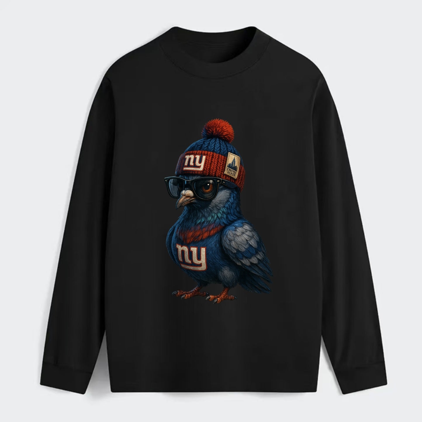 Manhattan Pigeon wearing Giants beanie with Empire State patch and - Classic Long Sleeve Shirt - Black