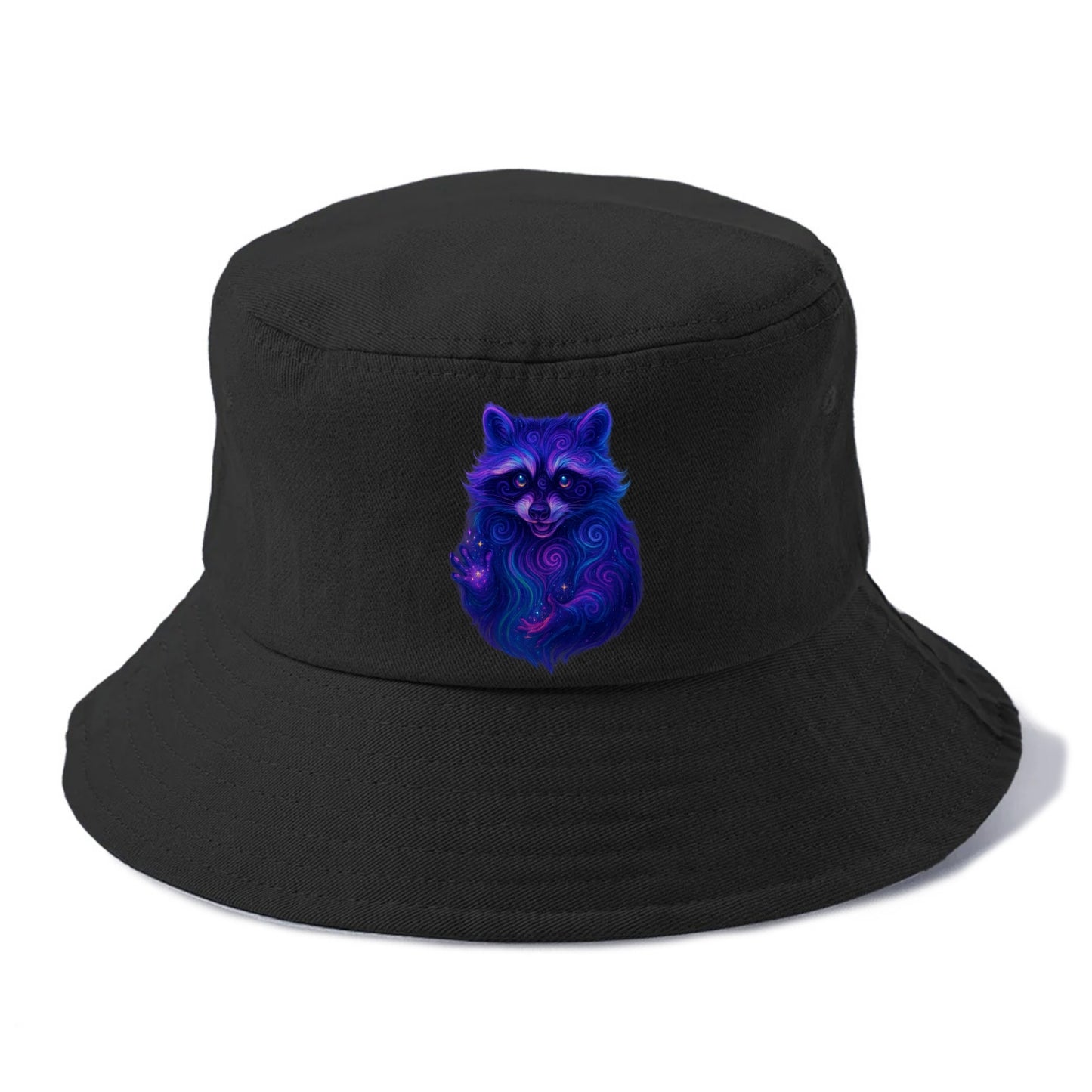Playful raccoon with mask swirling in hypnotic patterns, neon purple and green fur - Bucket Hat - Black